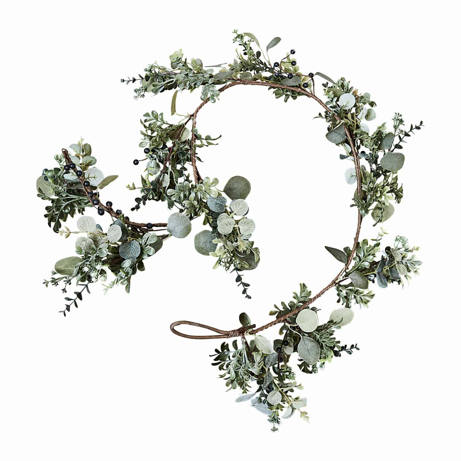 Guirlande Grand Couronne décorative en feuillage vert et baies noires sur branche marron pour décoration intérieure