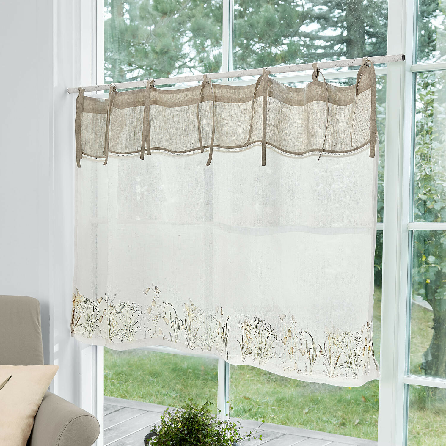 Brise-bise Lozere Rideau en lin beige avec motif floral en bas, voilage décoratif pour salon ou cuisine
