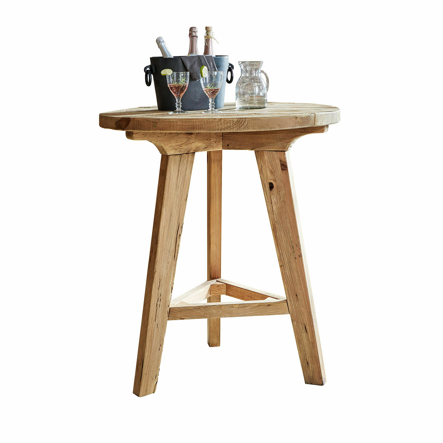 Table haute Stonington Table haute en bois de pin naturel avec seau à boissons et verres décoratifs