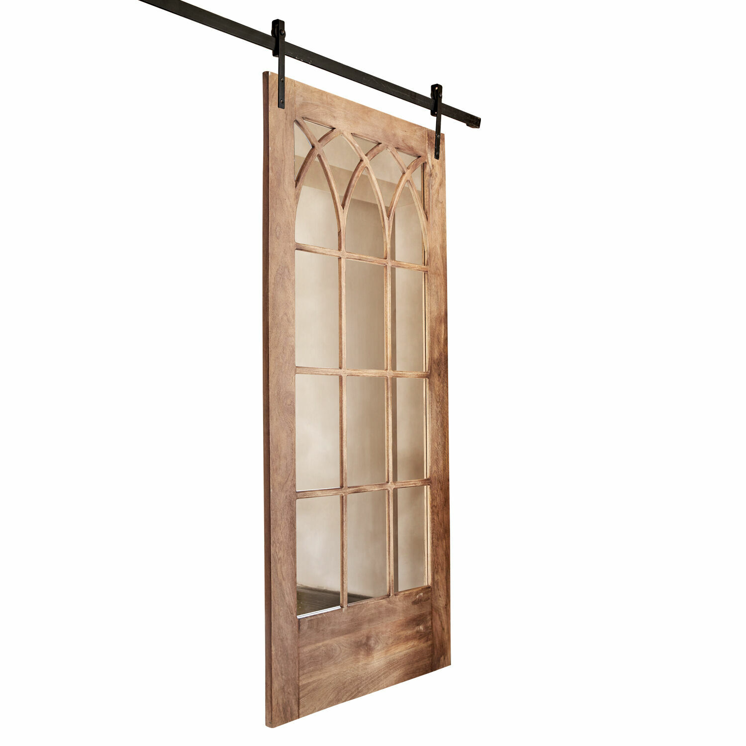 Porte coulissante Cayey Porte coulissante en bois de manguier naturel avec vitres décoratives pour intérieur