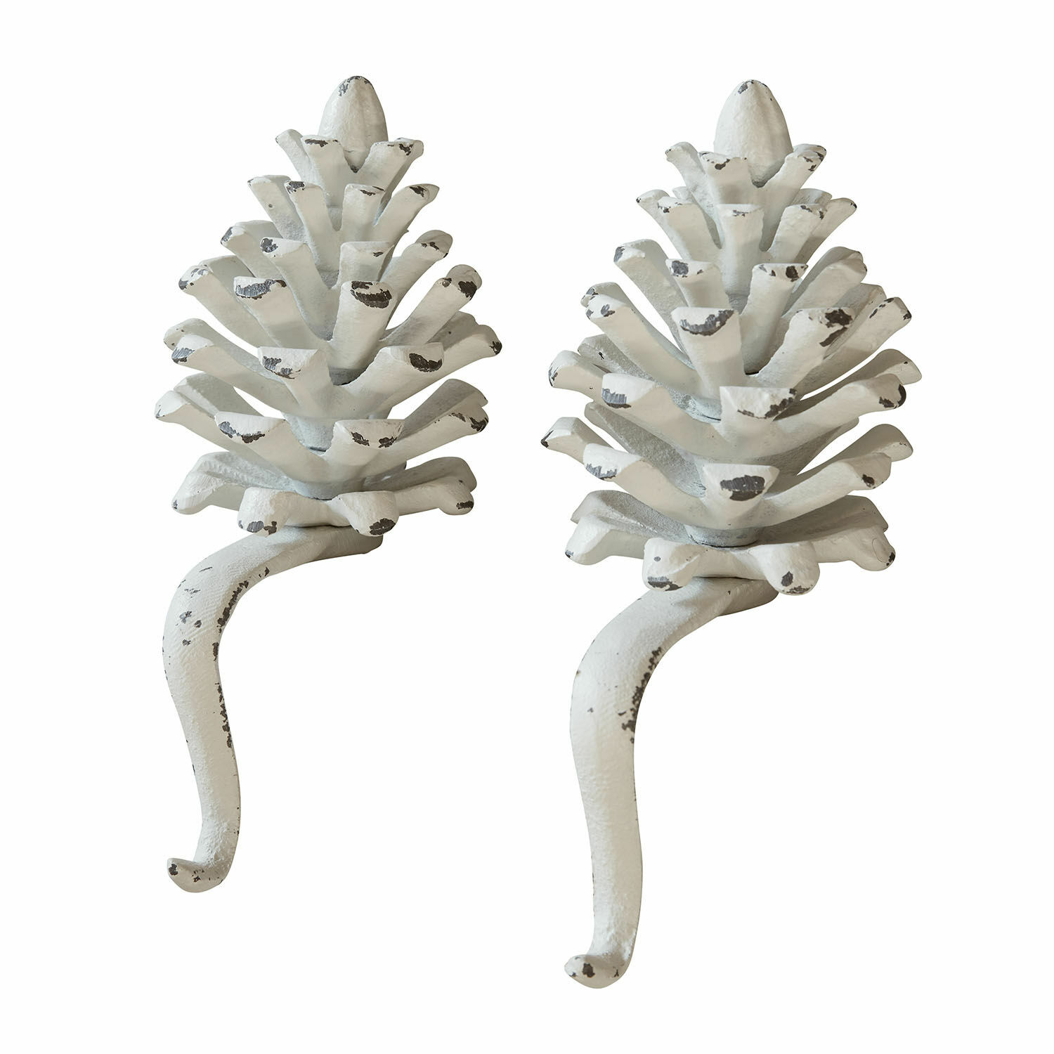 blanc vieilli Lot de deux crochets décoratifs en fer couleur blanc antique en forme de pomme de pin
