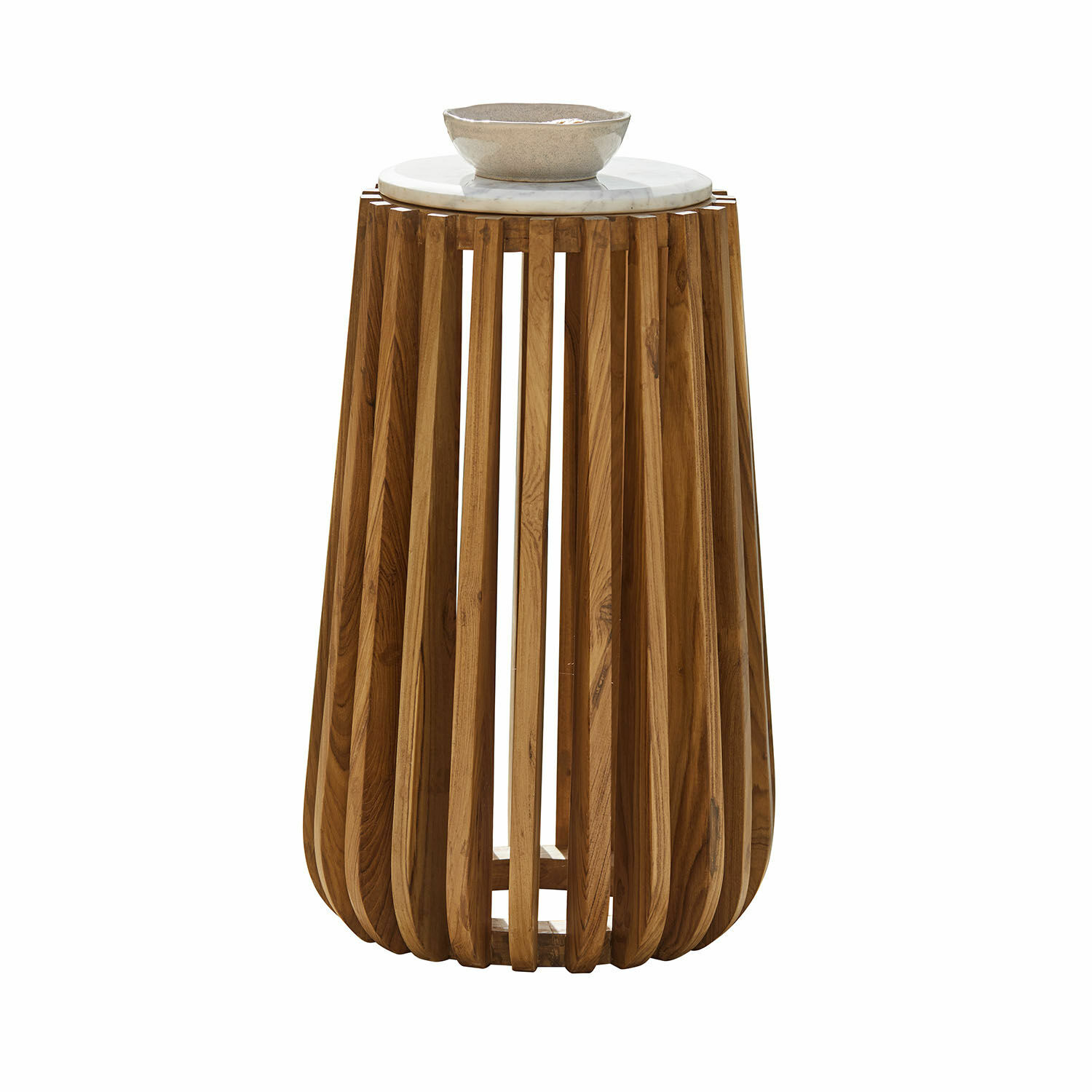 Table d'appoint Urbeline Table d'appoint en bois de teck avec plateau en marbre blanc, meuble moderne pour salon