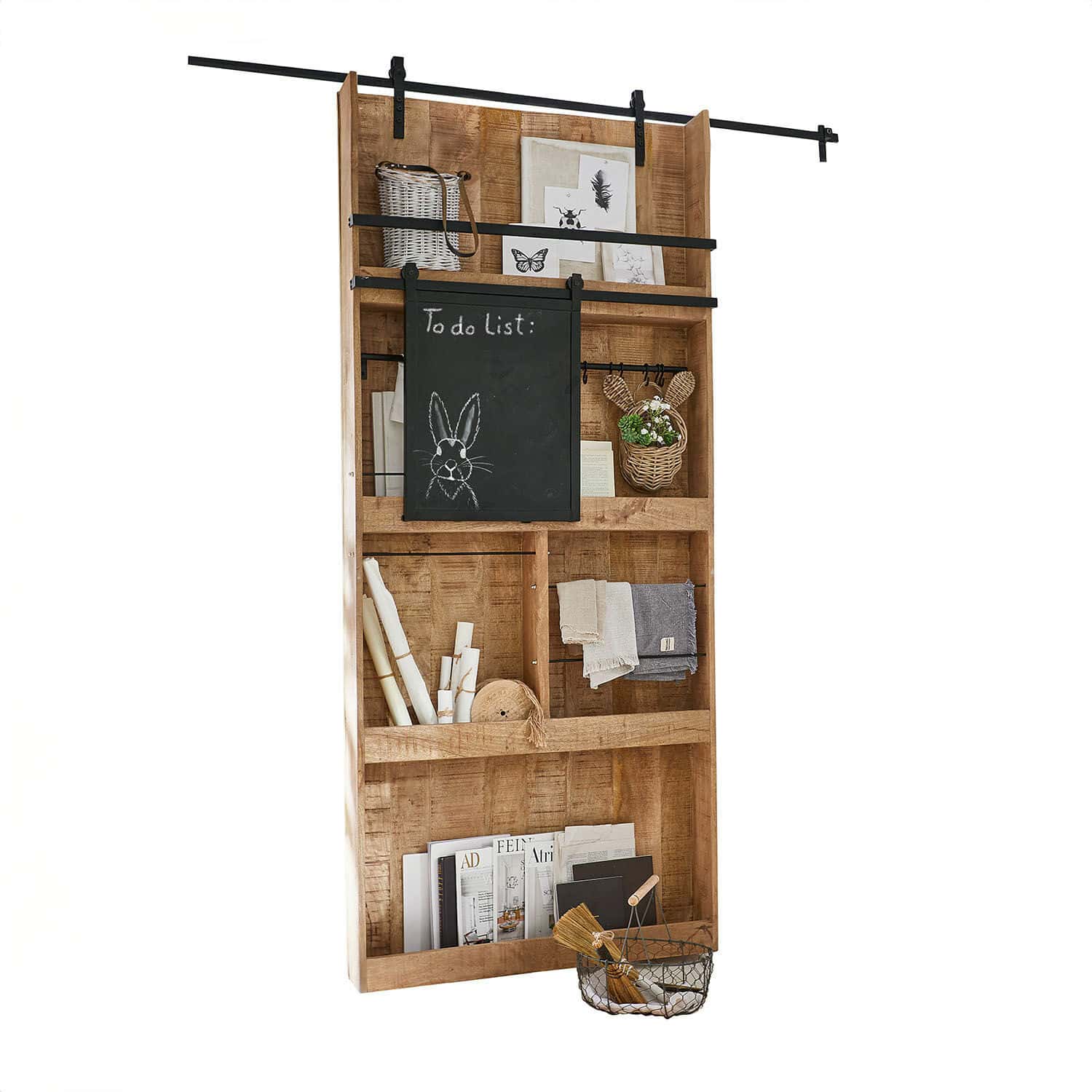 Porte coulissante Vulmont Étagère murale en bois avec tableau noir et éléments métalliques pour rangement et décoration