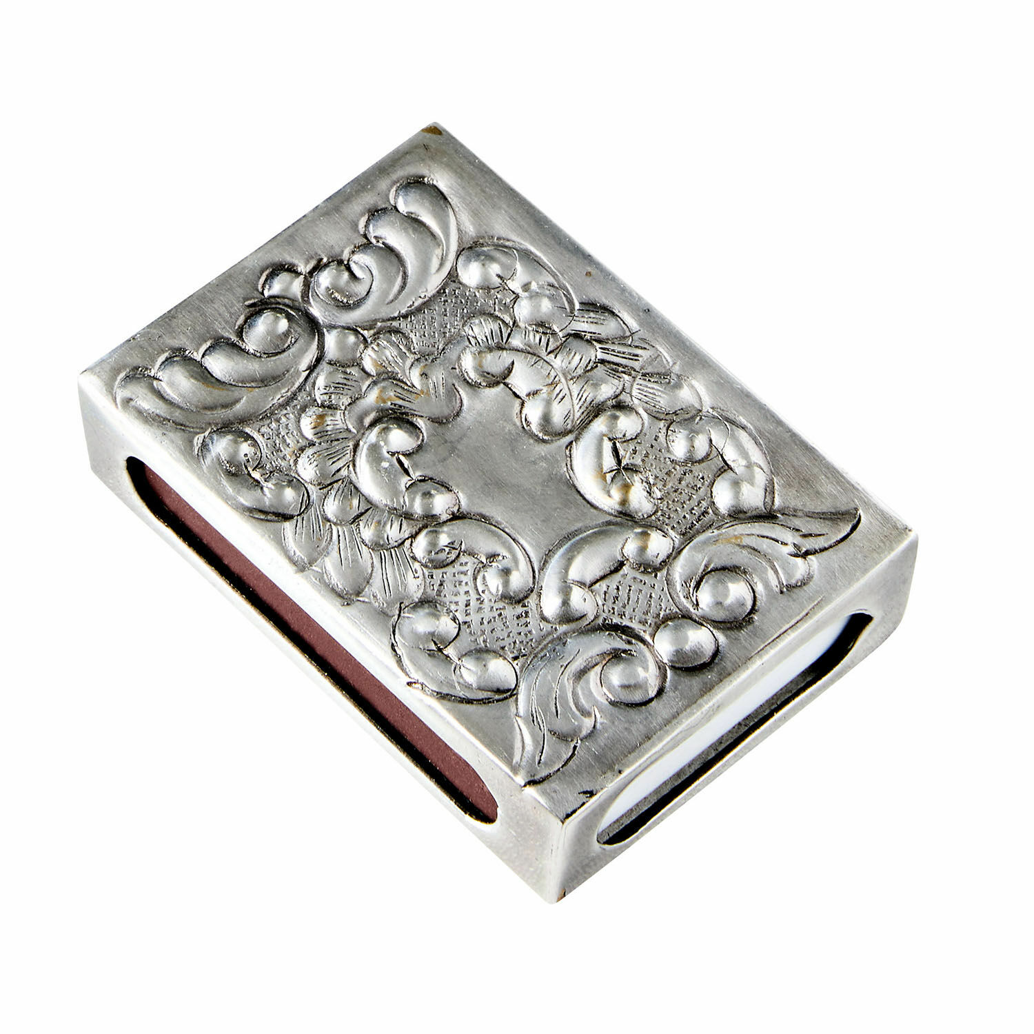 Étui pour boîte d'allumettes Lytham Briquet en métal argenté avec relief décoratif et bande rouge pour allumer