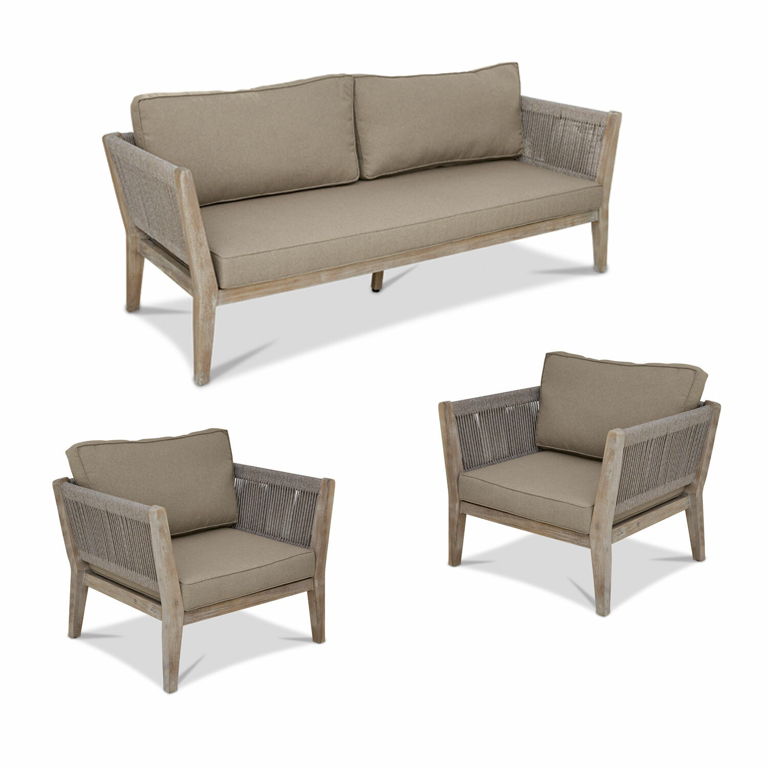 Salon de jardin FSC®-100% Biarritz Ensemble de meubles d'extérieur avec coussins beige et cadre en bois avec côtés tressés