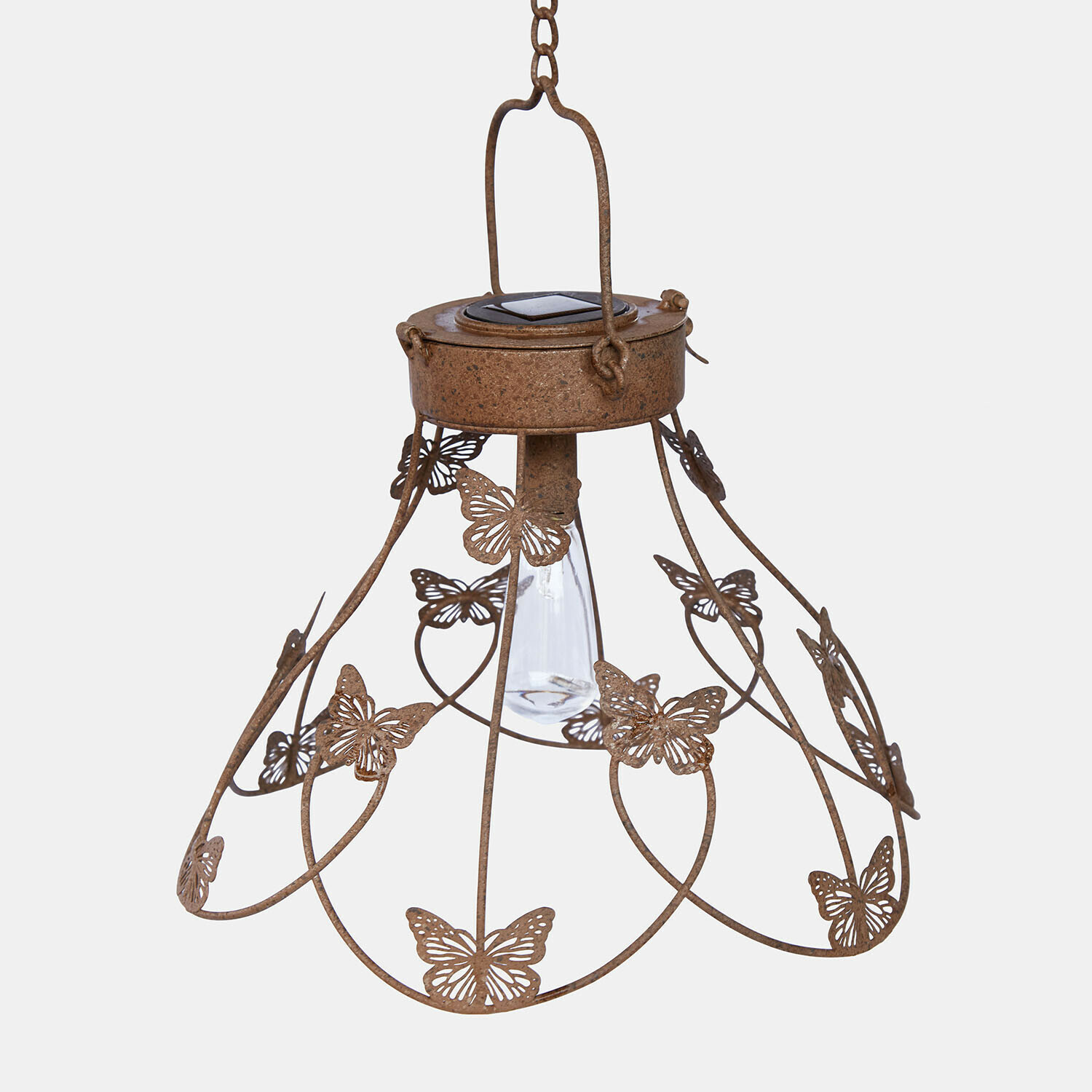 Lanterne solaire Pavrelle Lanterne suspendue en métal rouillé avec papillons décoratifs, lampe d'extérieur avec ampoule visible