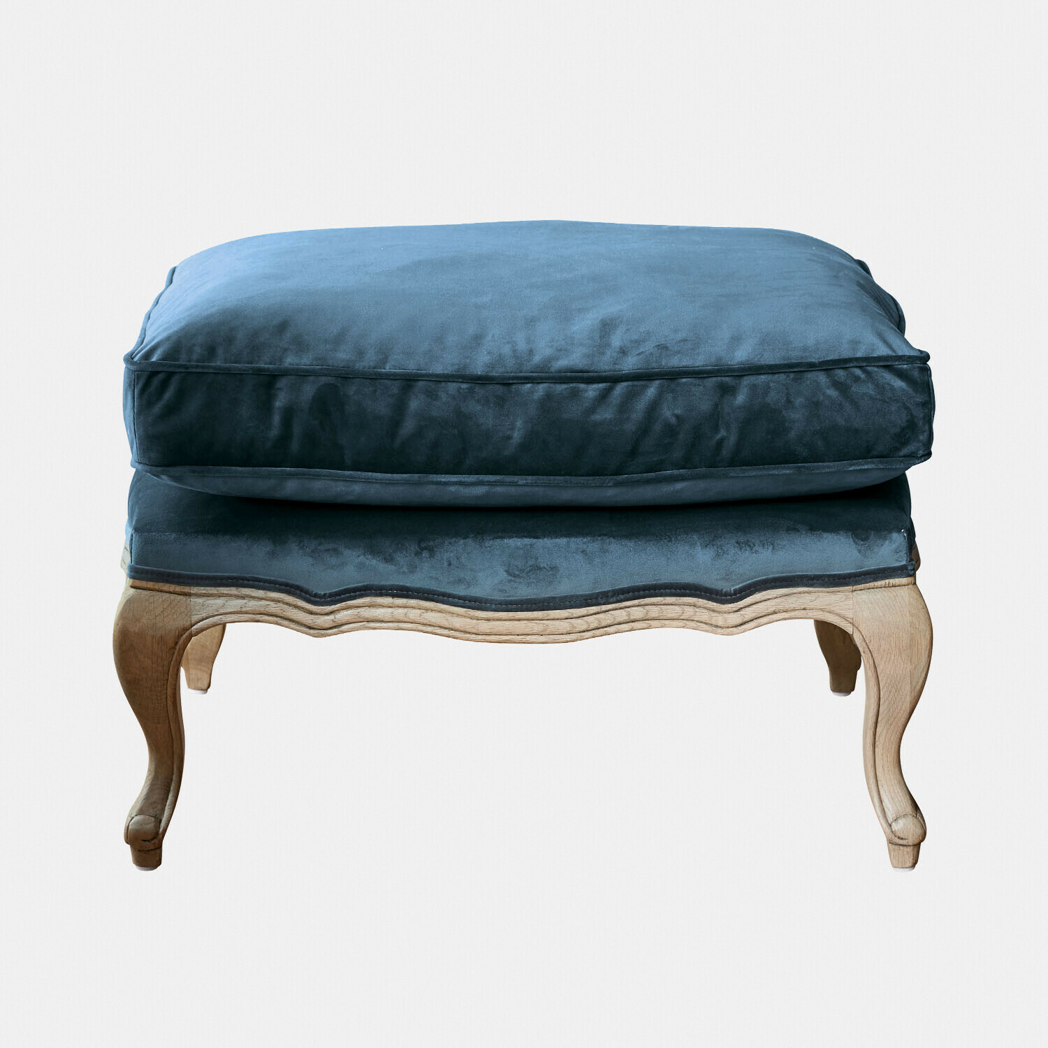 bleu/marron Repose-pieds Corlay avec coussin en velours bleu et pieds en bois brun, style vintage élégant