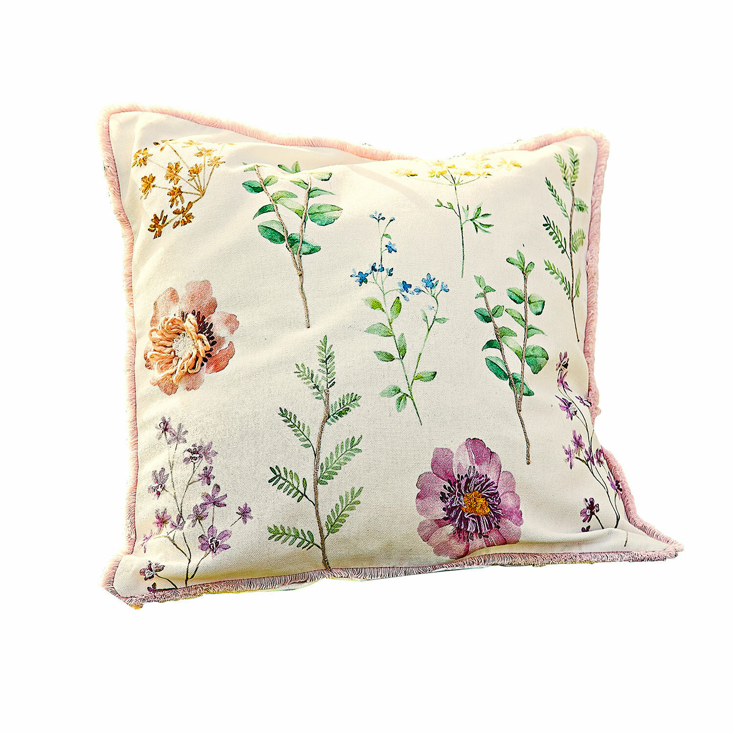 Housse de coussin Fahzoura Coussin décoratif en coton crème avec imprimé floral et bordure rose pour salon élégant