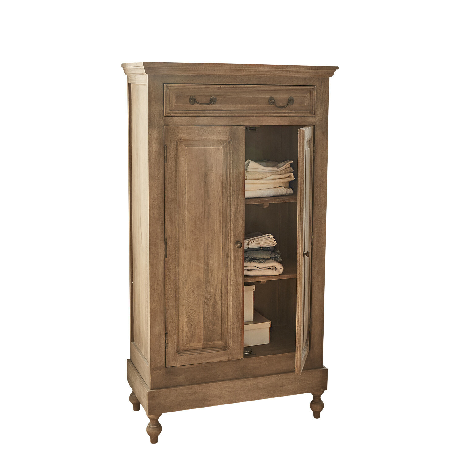 marron Armoire Bortoni en bois marron avec étagères et tiroir, meuble de rangement pratique