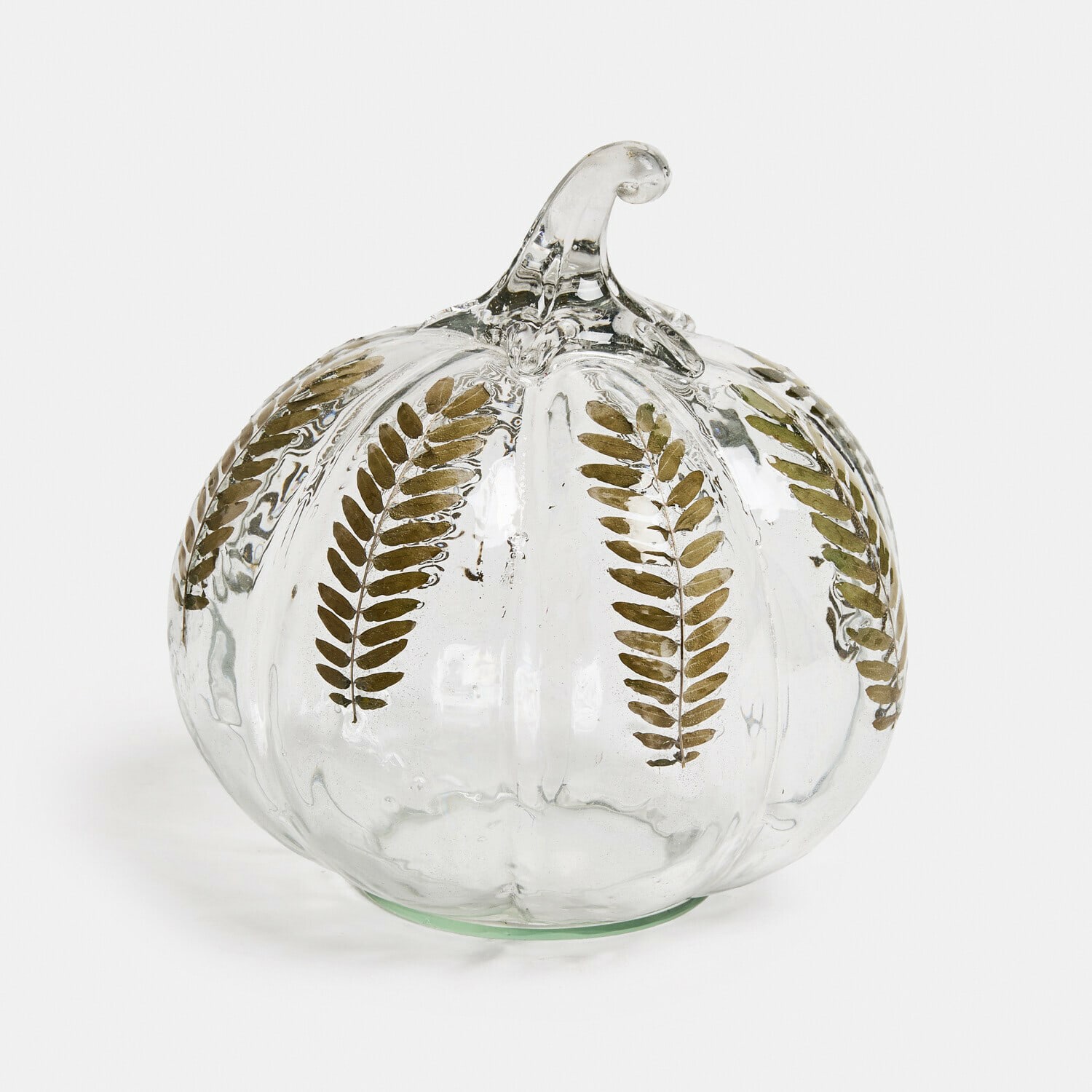 Citrouille Émurise Citrouille en verre transparent avec feuilles de fougère dorées, décoration élégante d'automne