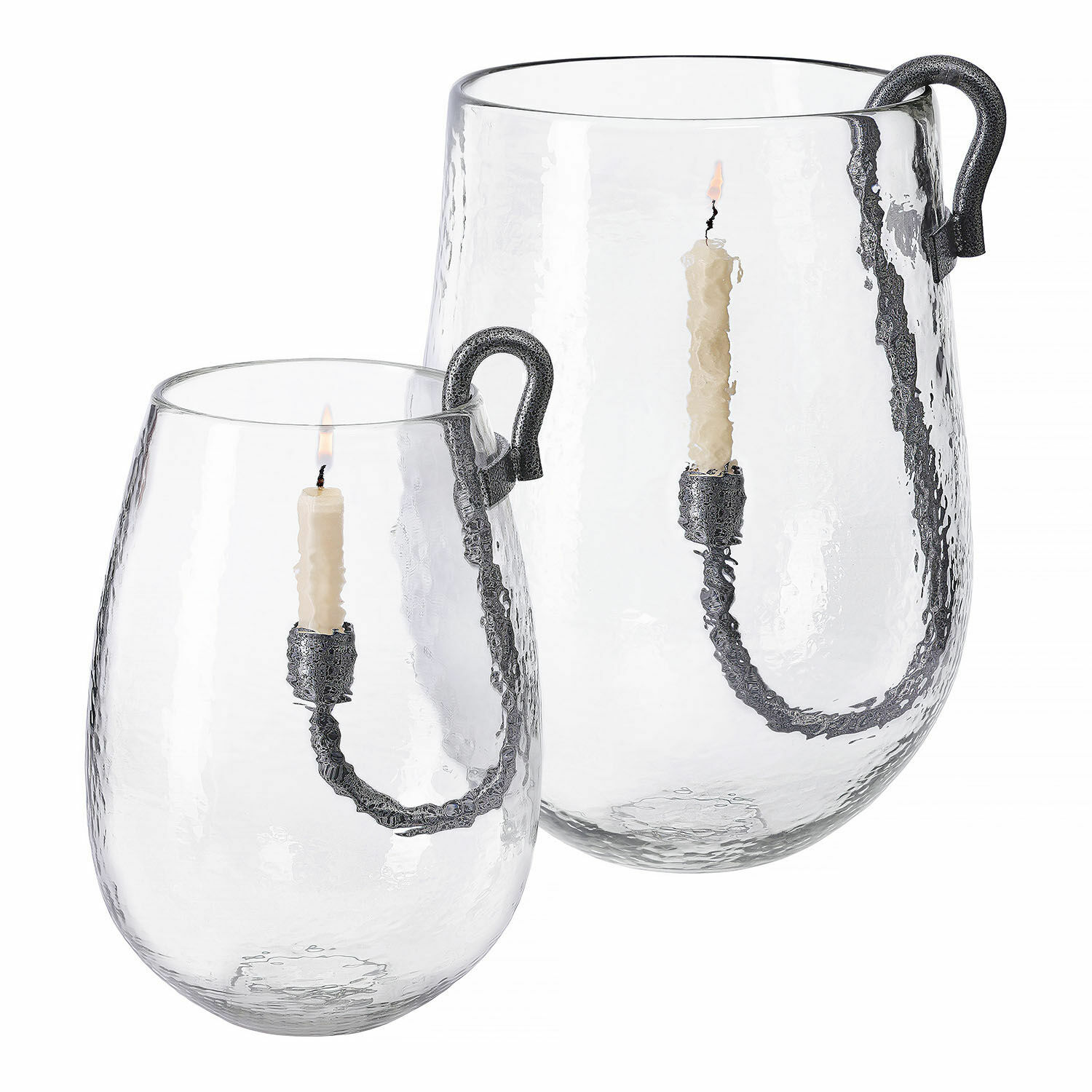 Lot de 2 photophores Lorcalla Ensemble de deux lanternes en verre transparent avec poignées métalliques et bougies blanches