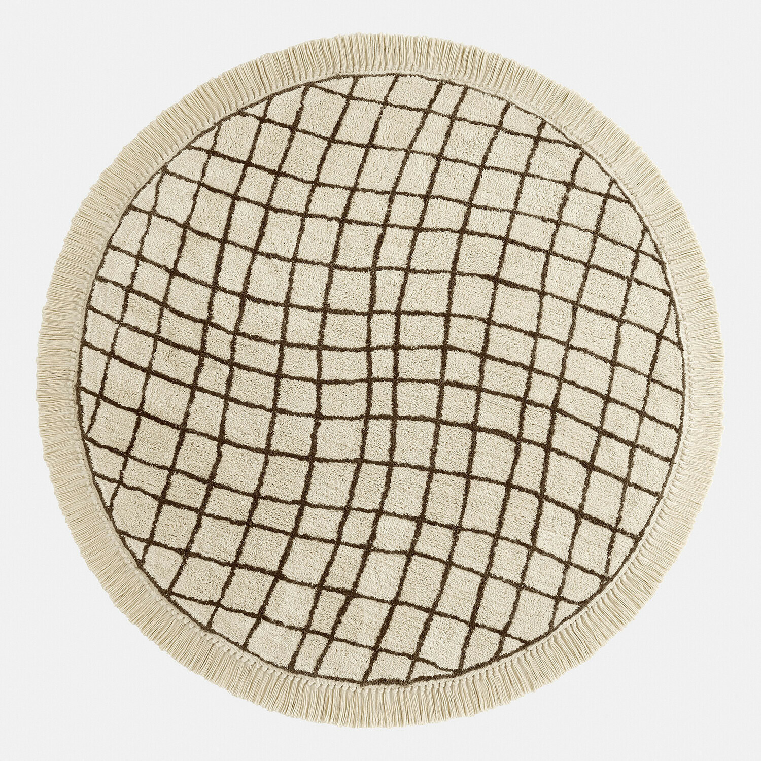 Tapis Puffino Tapis rond en coton crème avec motif géométrique marron et franges décoratives