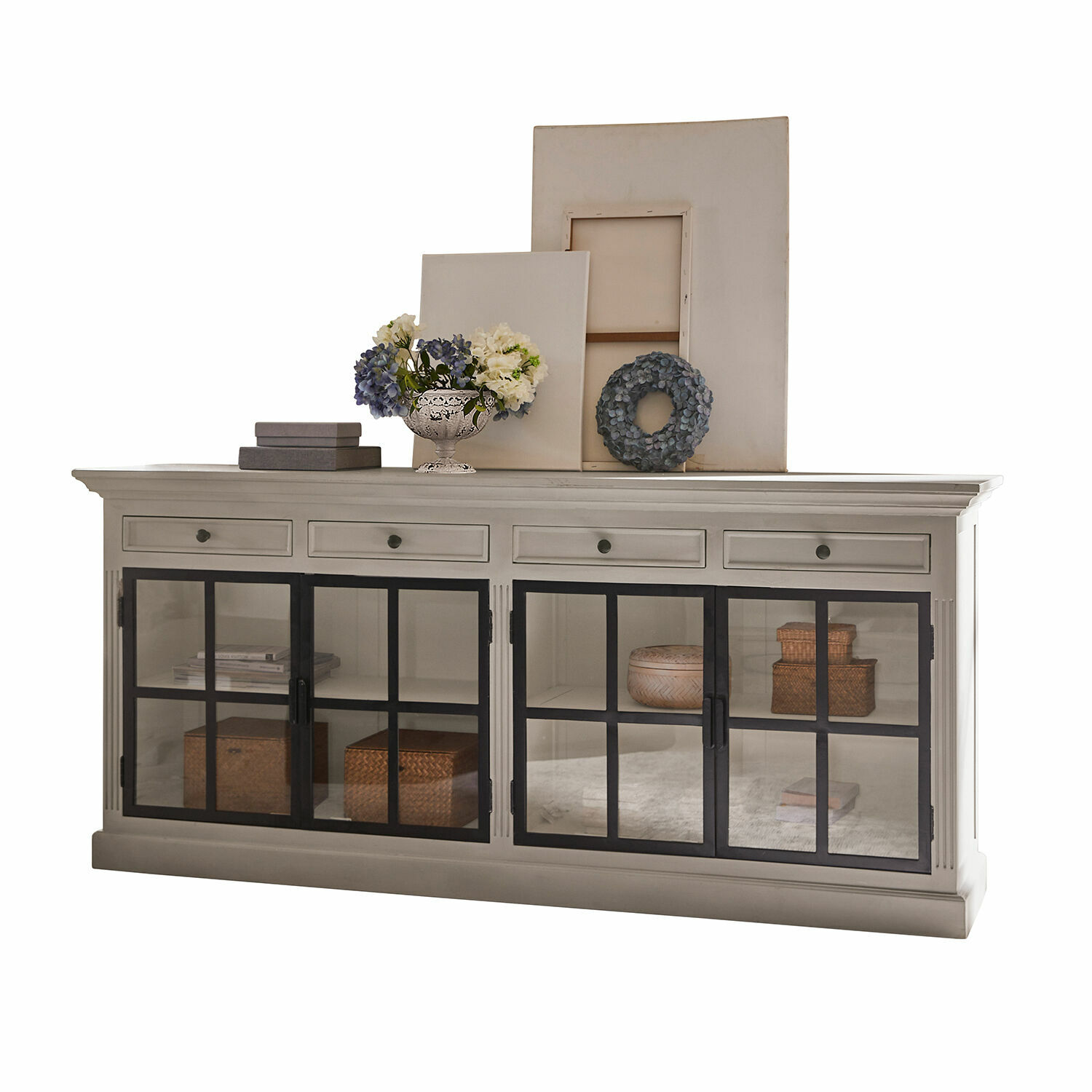 Vitrine Pratola Buffet en bois blanc avec portes vitrées noires et décorations sur le dessus pour salon