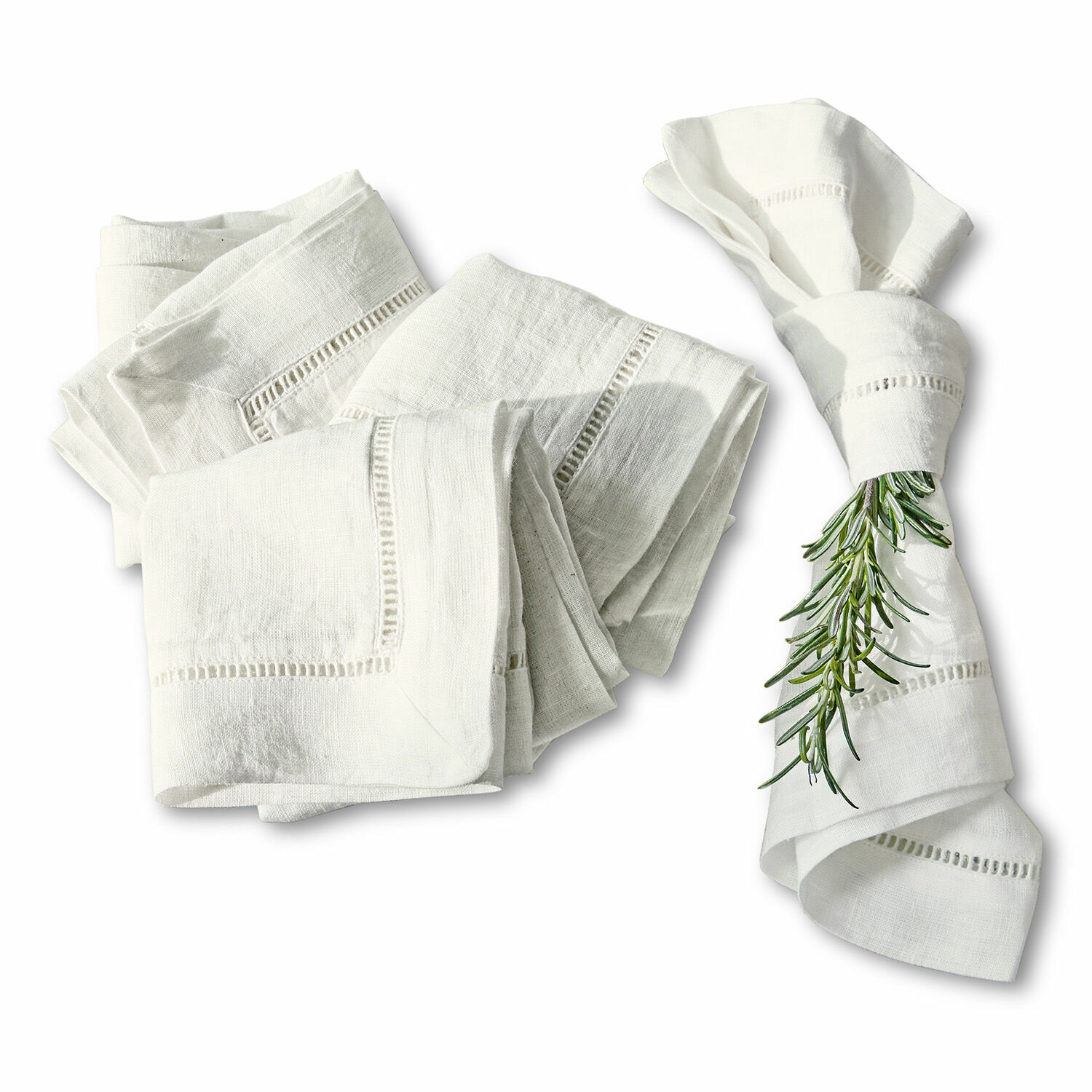 blanc Lot de 4 serviettes en lin blanc Covent Garden avec bordure ajourée, textiles de table élégants