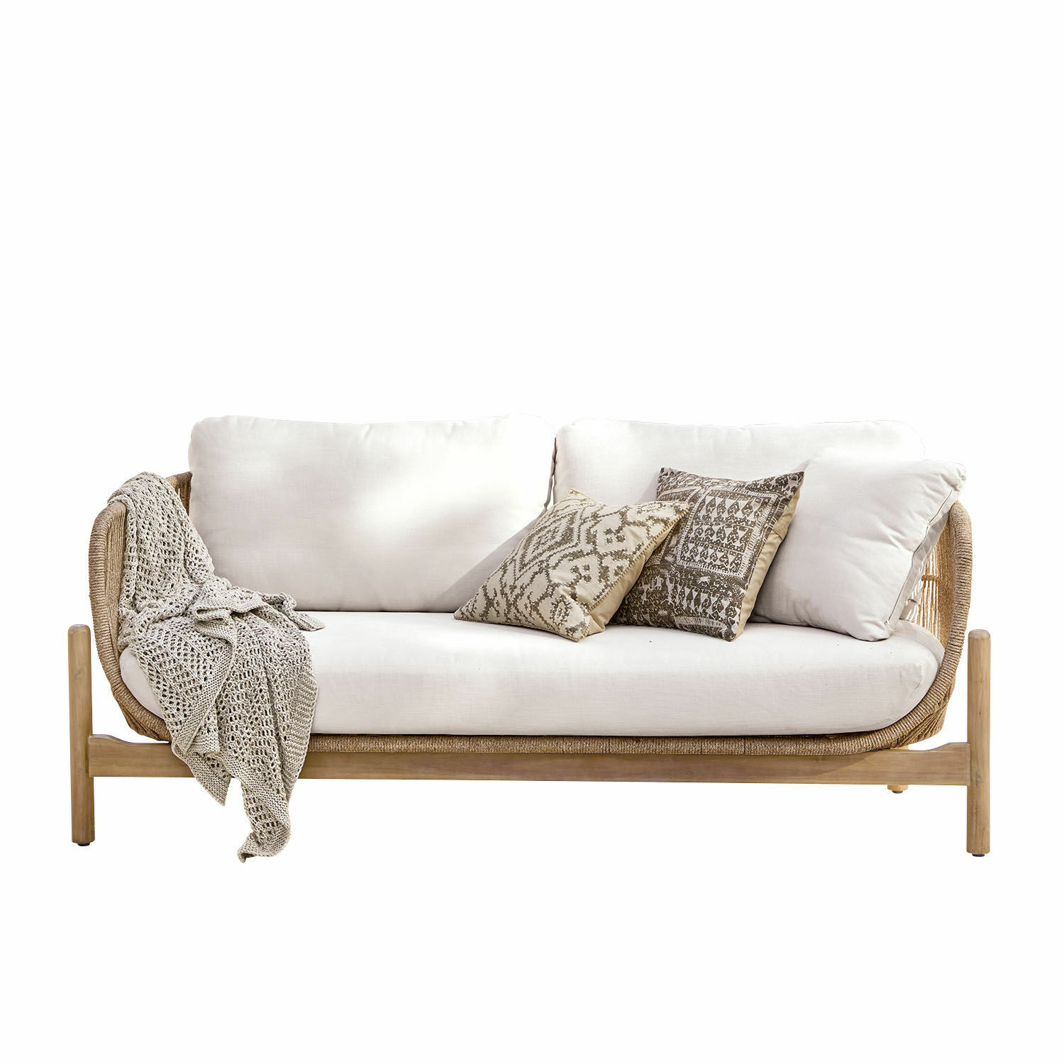 Canapé FSC®-100% Belvidere Canapé avec housse beige clair et cadre en bois, décoré d'un plaid et de coussins à motifs