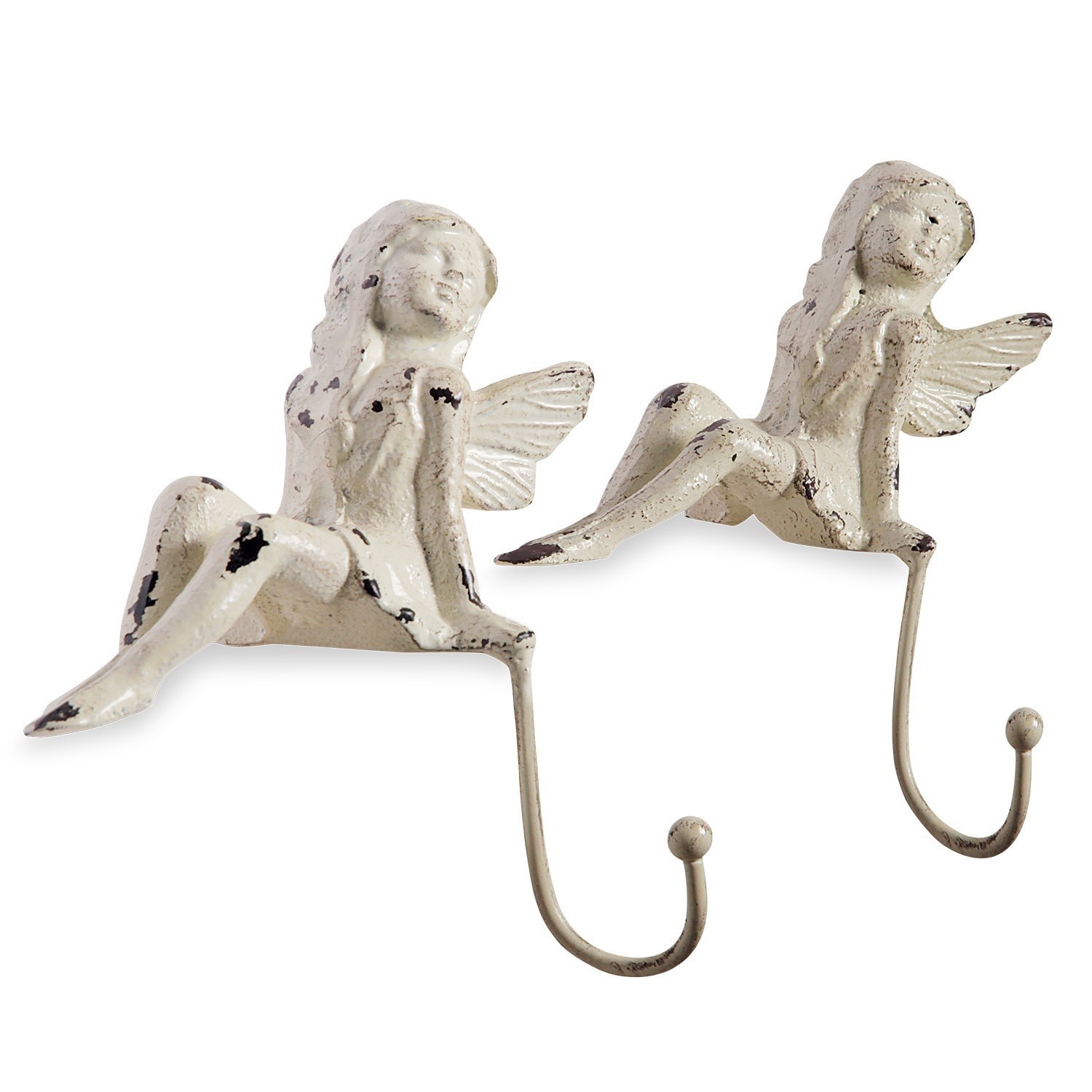 Lot de 2 patères Angel Ensemble de deux crochets en métal en forme d'anges blancs avec finition vieillie pour décoration murale