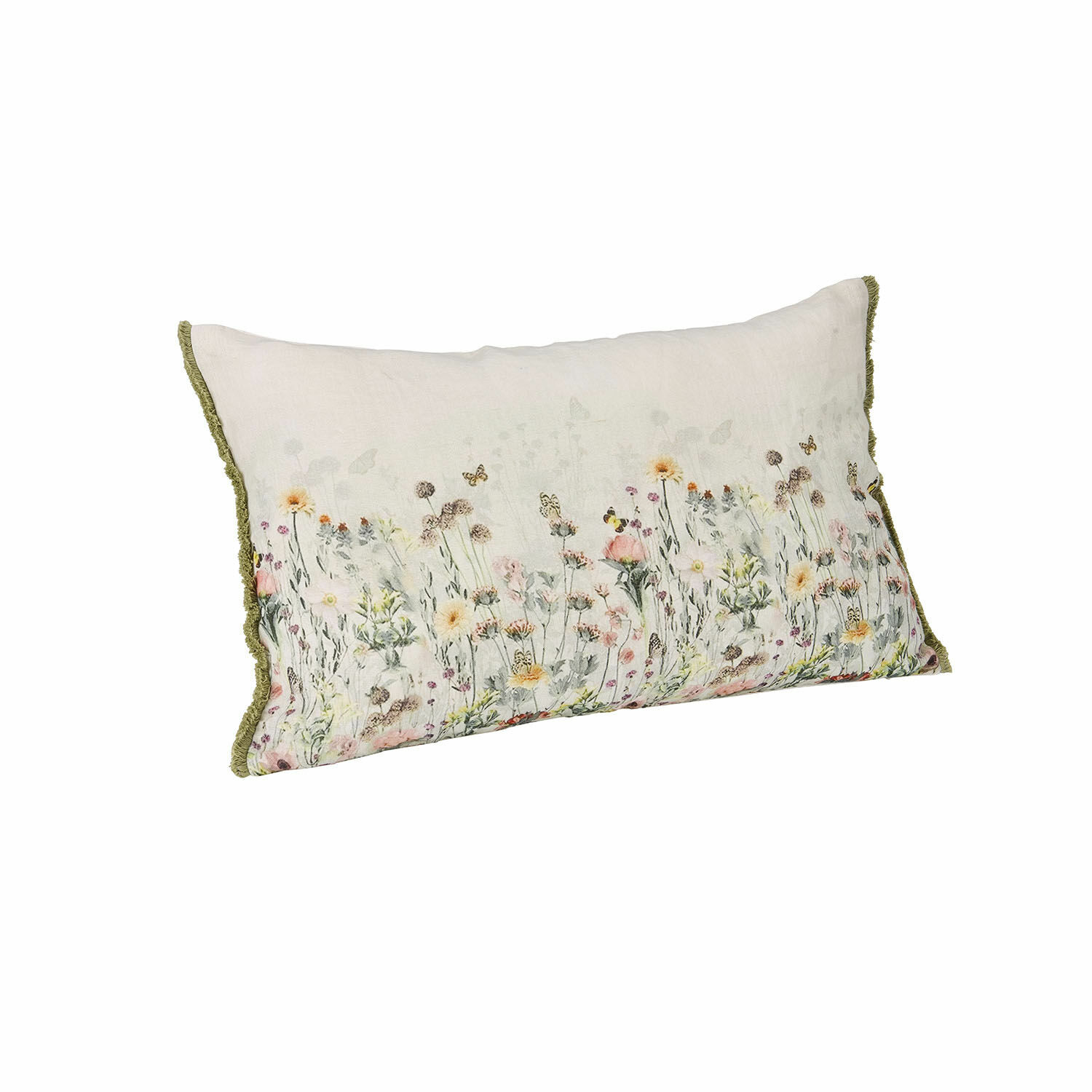 Housse de coussin Yseline Coussin rectangulaire en coton crème avec motif floral délicat et bordure verte pour décoration intérieure