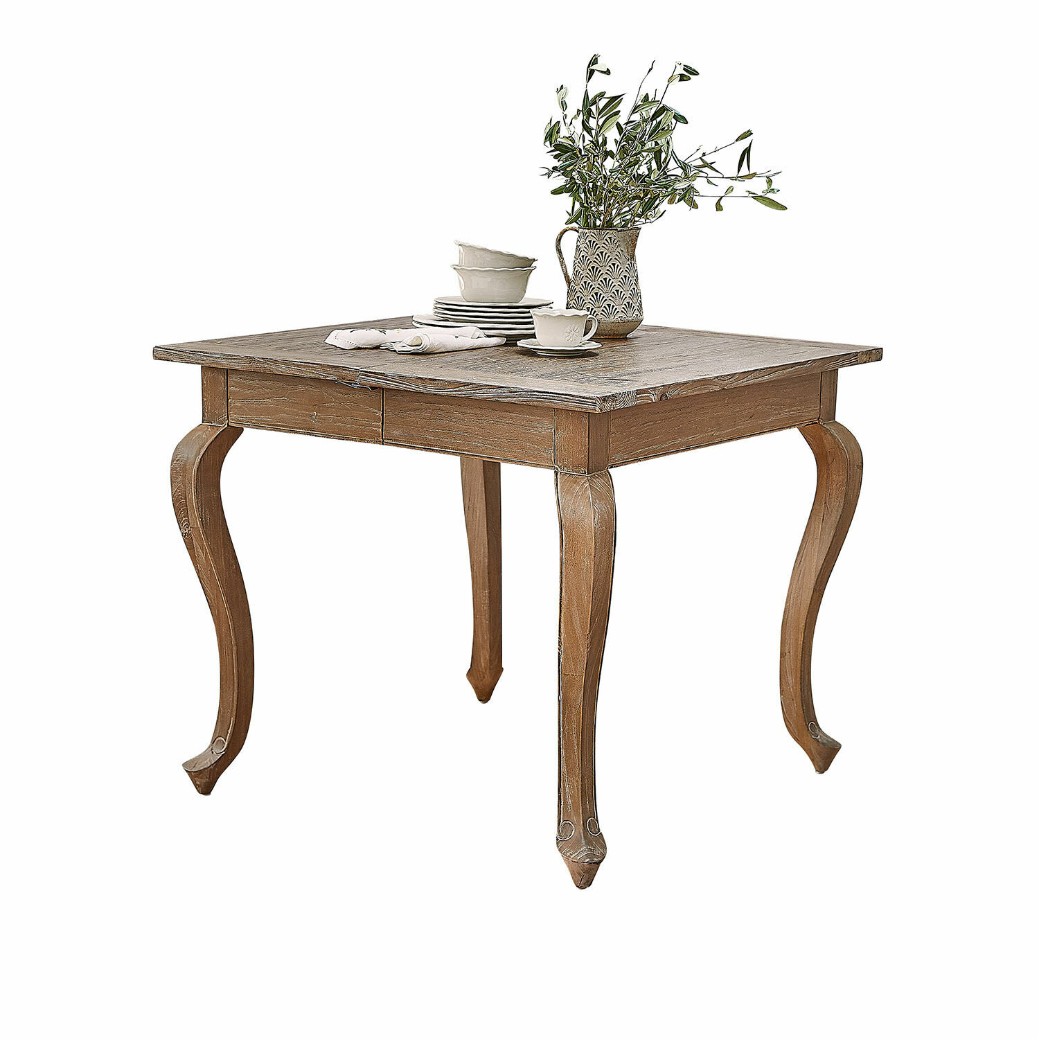 Table Plaish Table carrée en bois avec pieds sculptés et vaisselle en céramique couleur naturelle