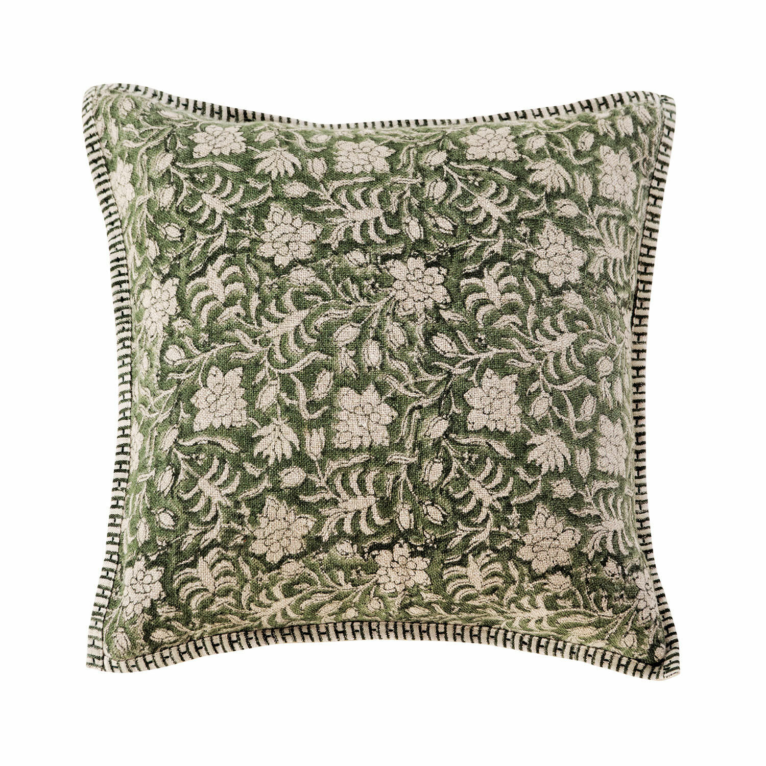 Housse de coussin Petitmagny Coussin décoratif vert en coton avec motif floral et bordure décorative pour salon