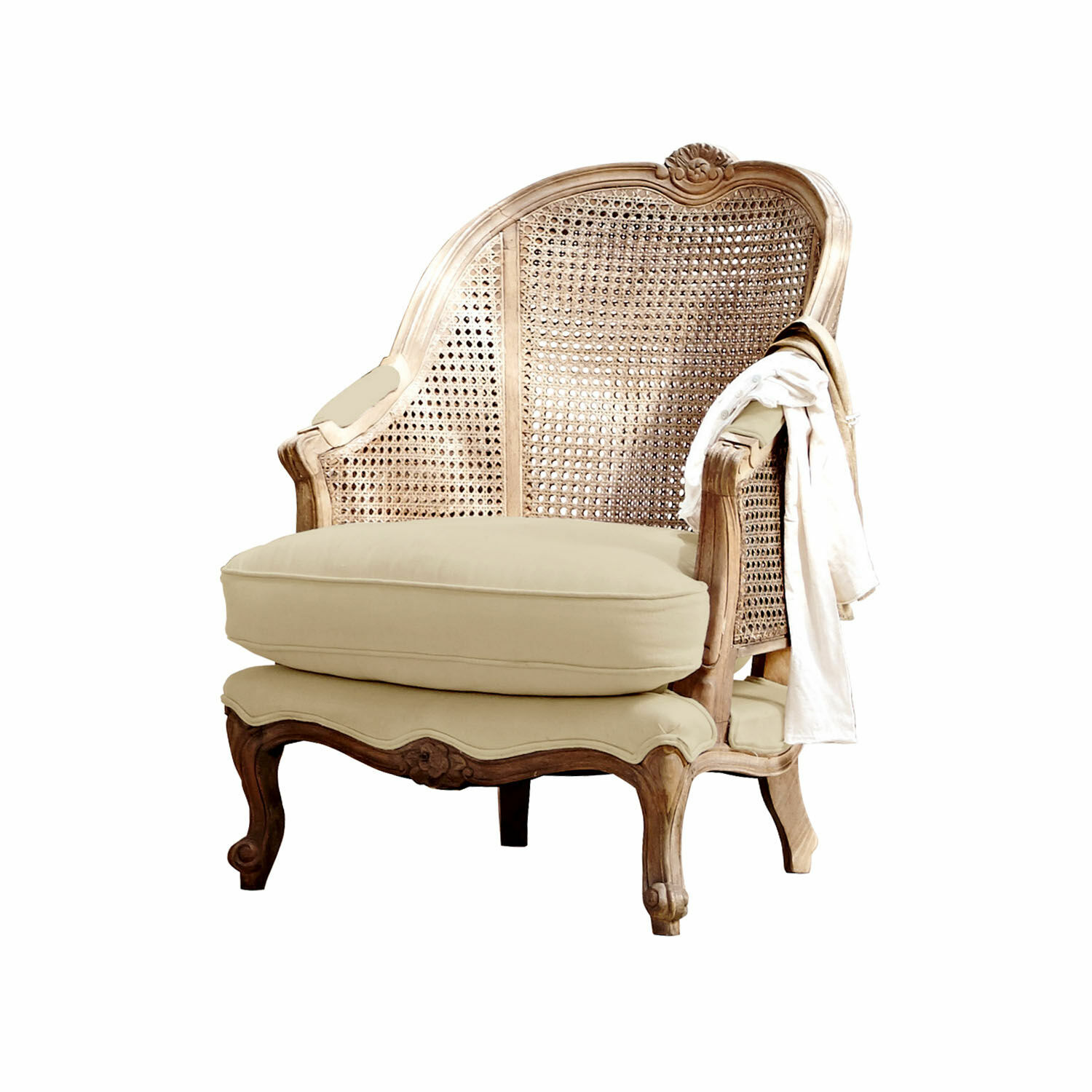 Fauteuil Drambon Fauteuil classique en bois avec coussin beige, couleur naturelle, style vintage pour salon