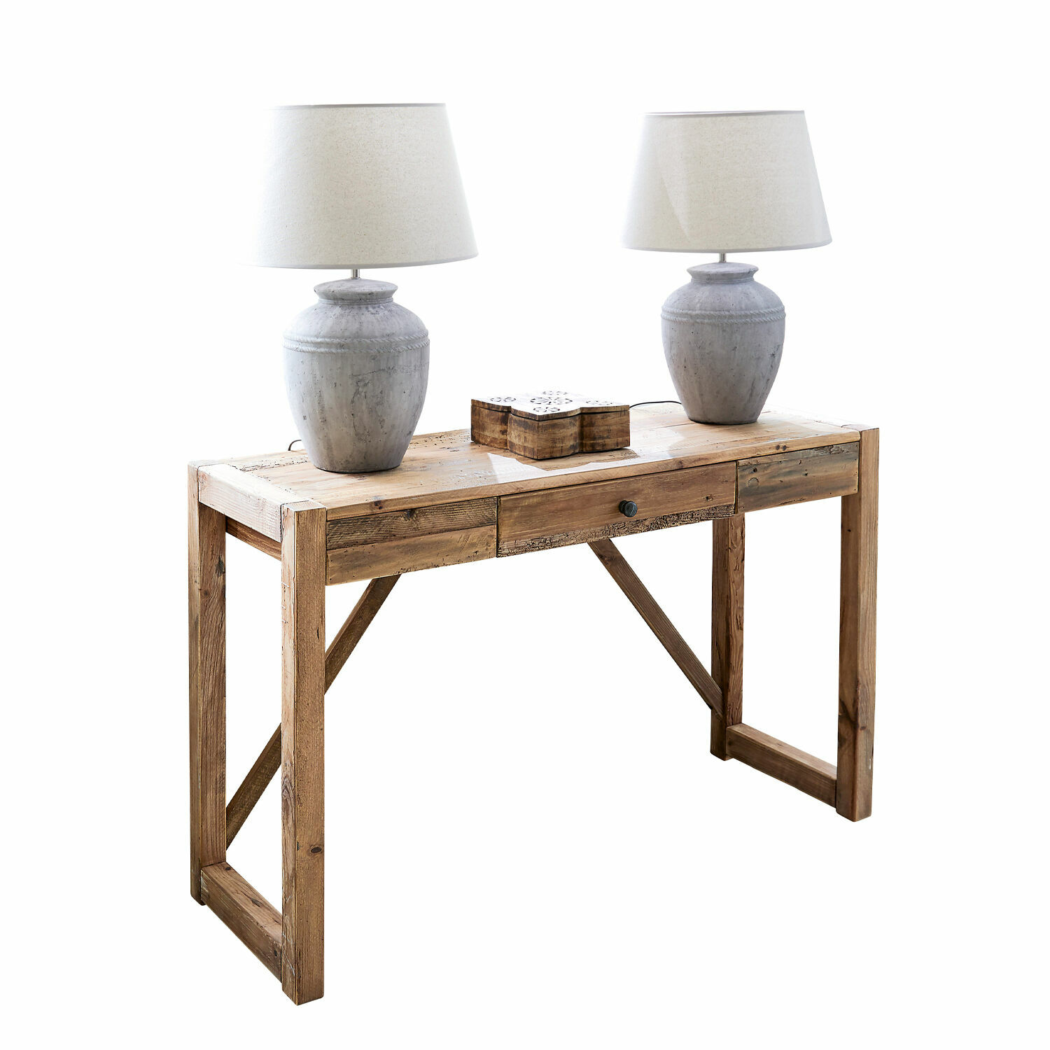 Console Contoire Bureau en bois naturel avec tiroir et deux lampes de table grises sur le dessus