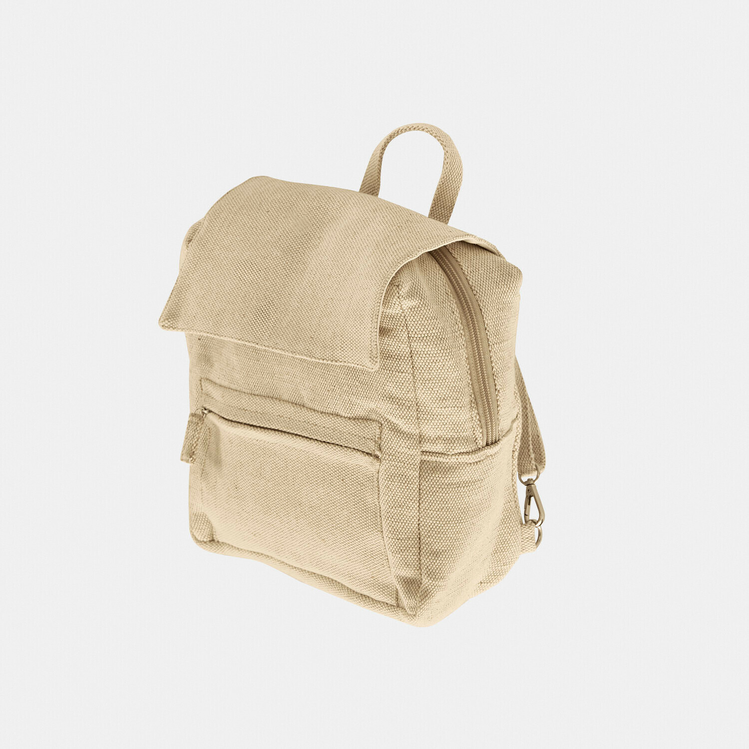 Sac à dos beige en tissu avec rabat et poche avant, léger et pratique pour un usage quotidien