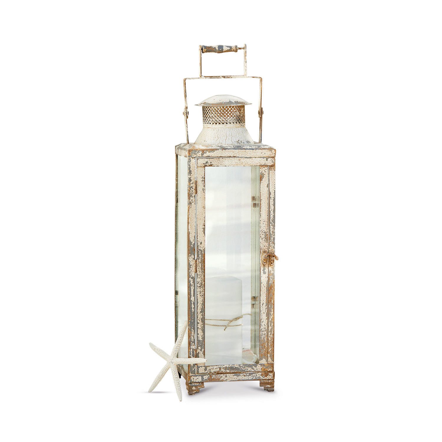 Lanterne Isodore Lanterne en métal blanc vieilli avec panneaux en verre, style vintage décoratif pour intérieur ou extérieur