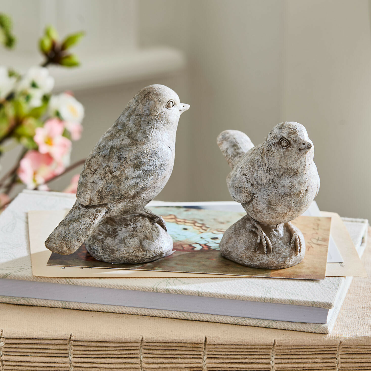 Lot de 2 oiseaux décoratifs Corviano Deux figurines d'oiseaux en pierre grise posées sur des livres, décoration intérieure élégante