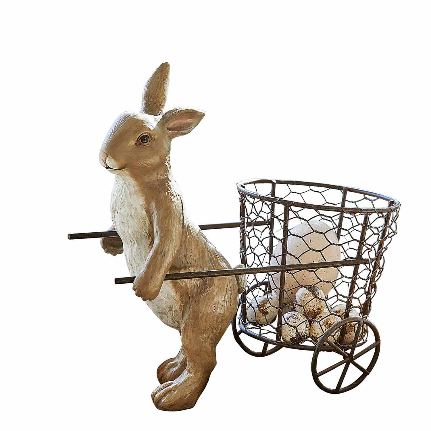 Lapin de Pâques Tadino Figurine de lapin en bois avec chariot en métal contenant des œufs décoratifs rustiques