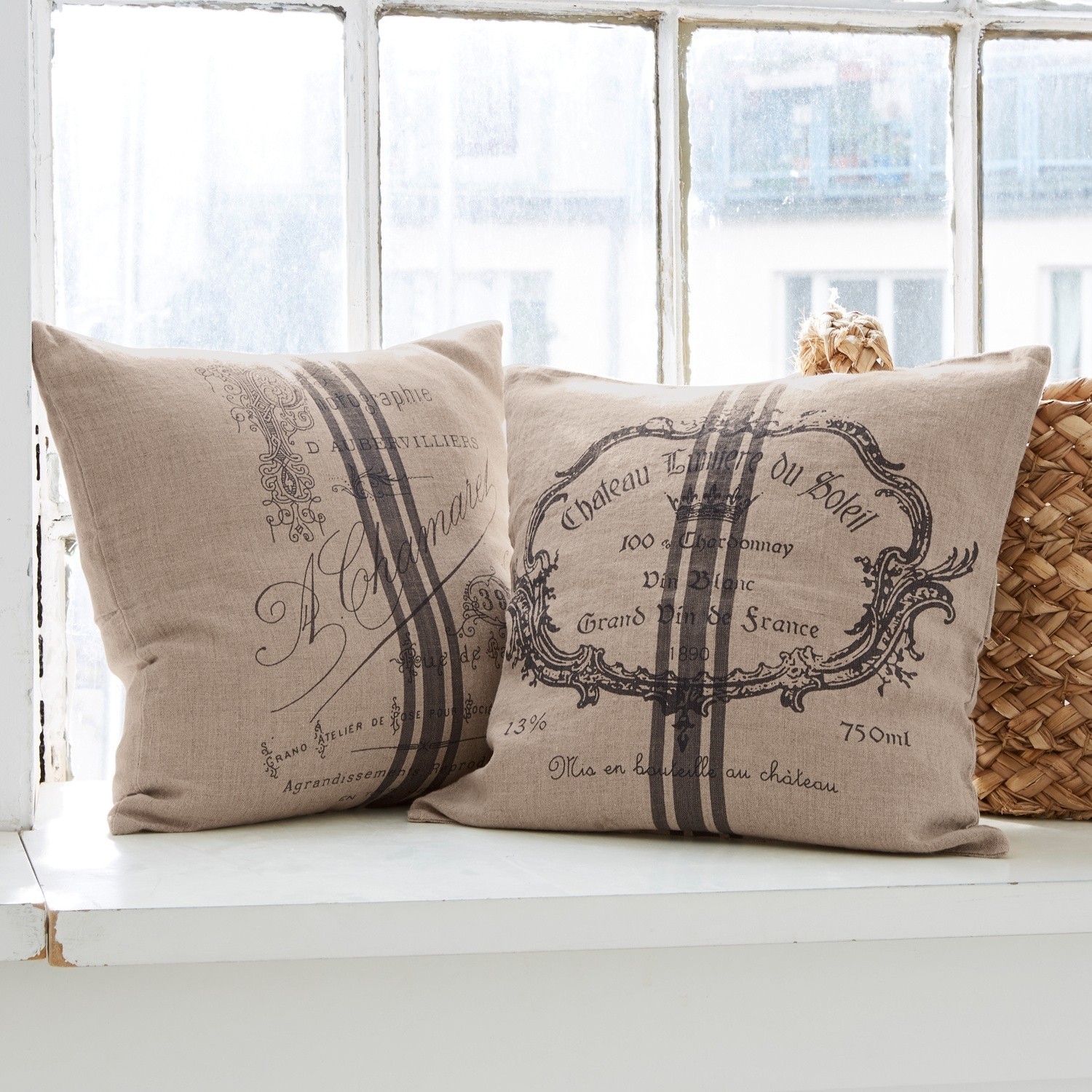 Lot de 2 housses de coussins Jourdain Coussins décoratifs en lin beige avec imprimé vintage noir et rayures sur le rebord de fenêtre