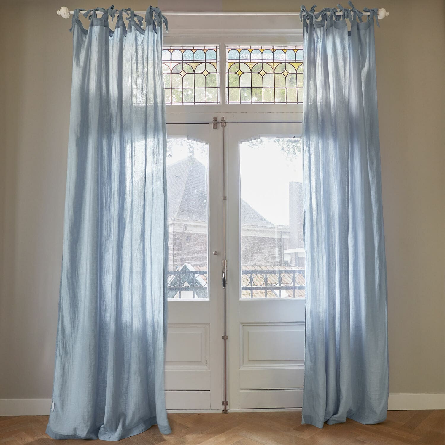 Voilage Valserino Rideaux en lin bleu clair avec nœuds, légers et aérés pour une décoration de fenêtre élégante
