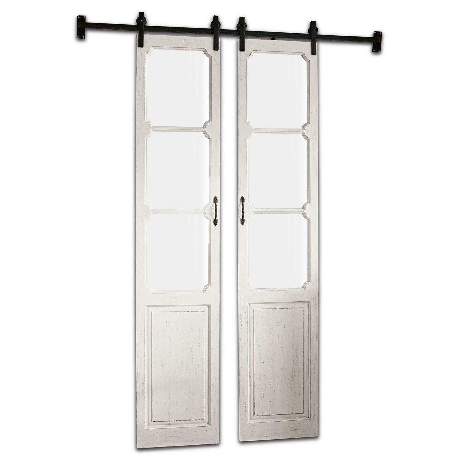 blanc vieilli Porte coulissante double Tibout en bois blanc antique avec panneaux en verre pour intérieur