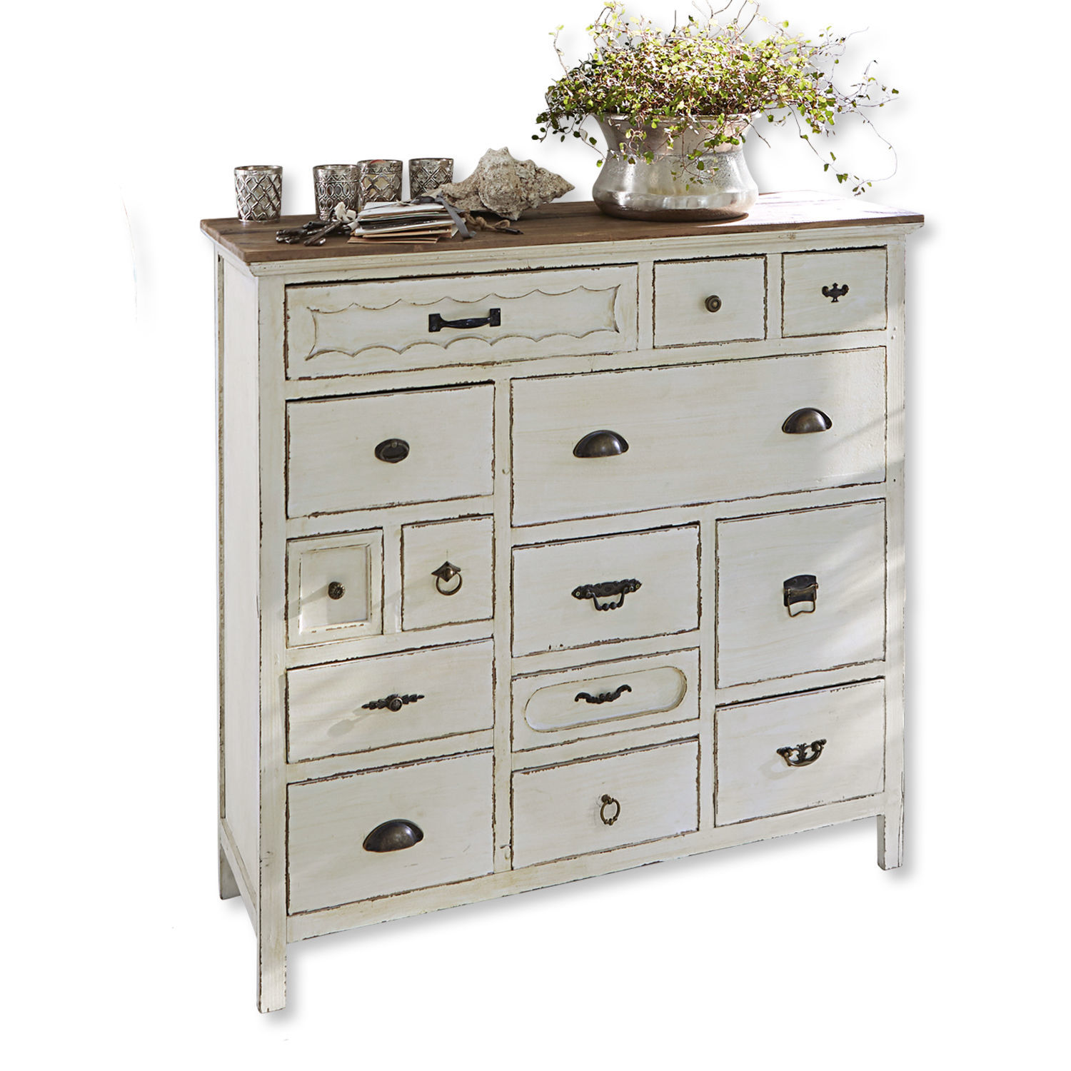 Commode Grayson Commode blanche en bois avec plusieurs tiroirs et poignées en métal pour rangement dans le salon