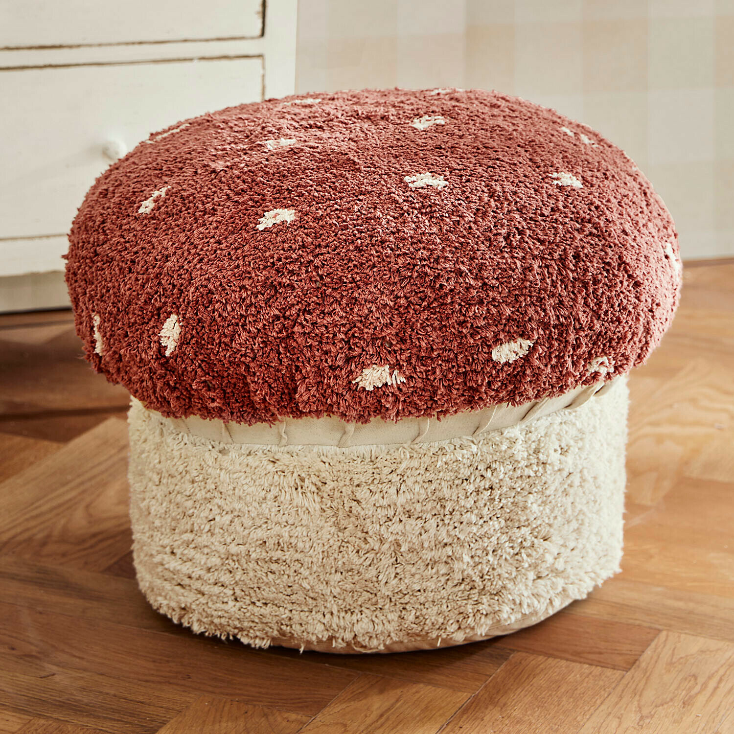 Tabouret Norilie Pouf en forme de champignon en tissu doux rouge et crème, meuble décoratif pour salon confortable