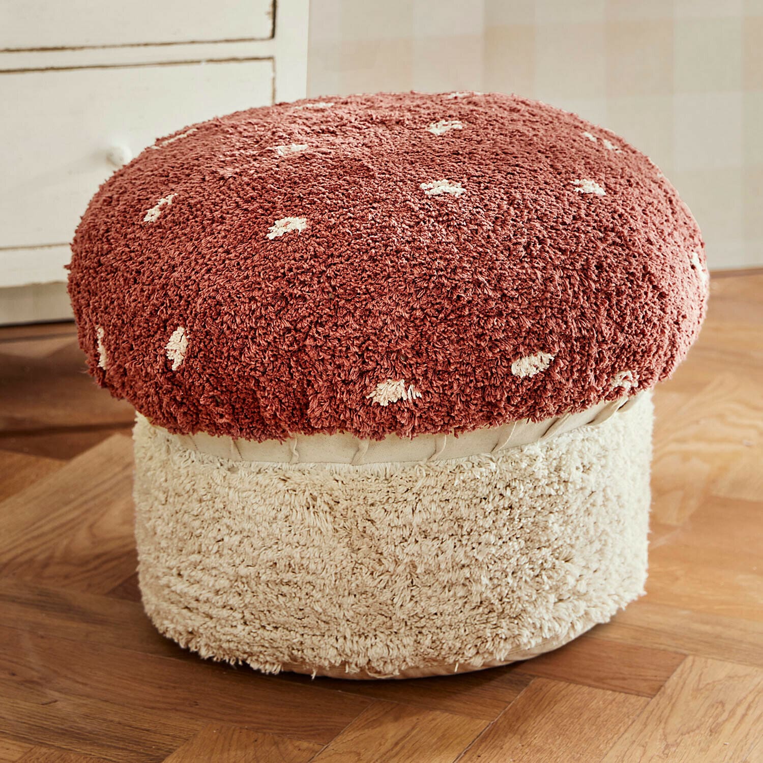 Tabouret Norilie Pouf en forme de champignon en tissu doux rouge et crème, meuble décoratif pour salon confortable