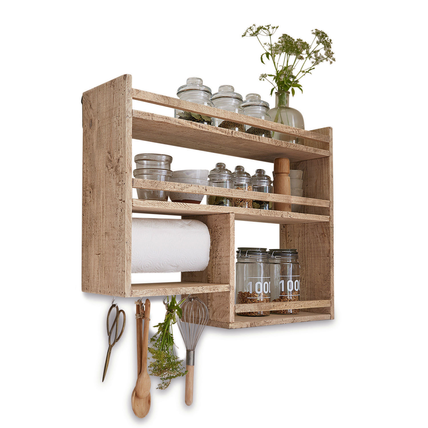 Étagère à épices Loré Étagère murale en bois avec porte-essuie-tout et bocaux en verre pour épices dans la cuisine