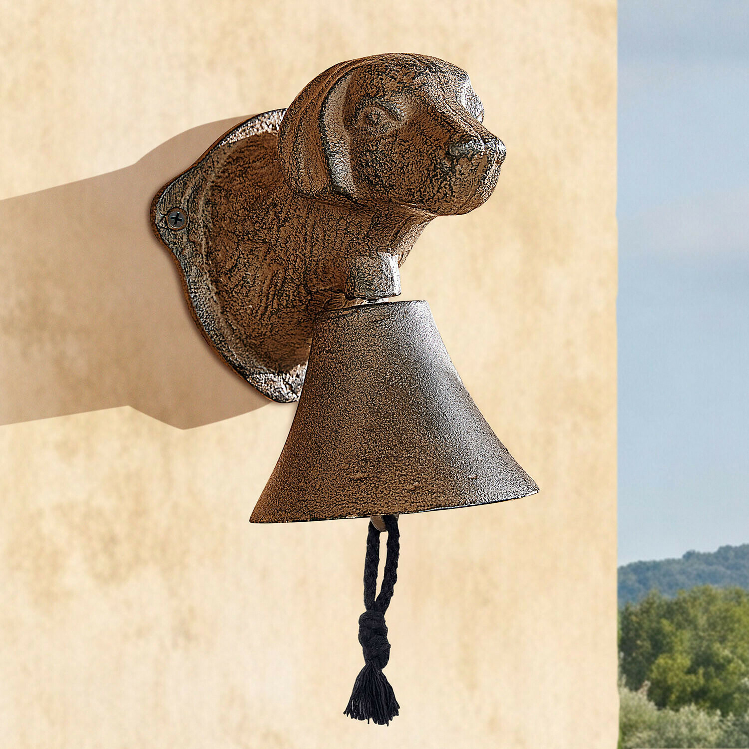 Cloche Invercombe Cloche murale en bronze avec tête de chien et cordelette noire, décoration extérieure rustique
