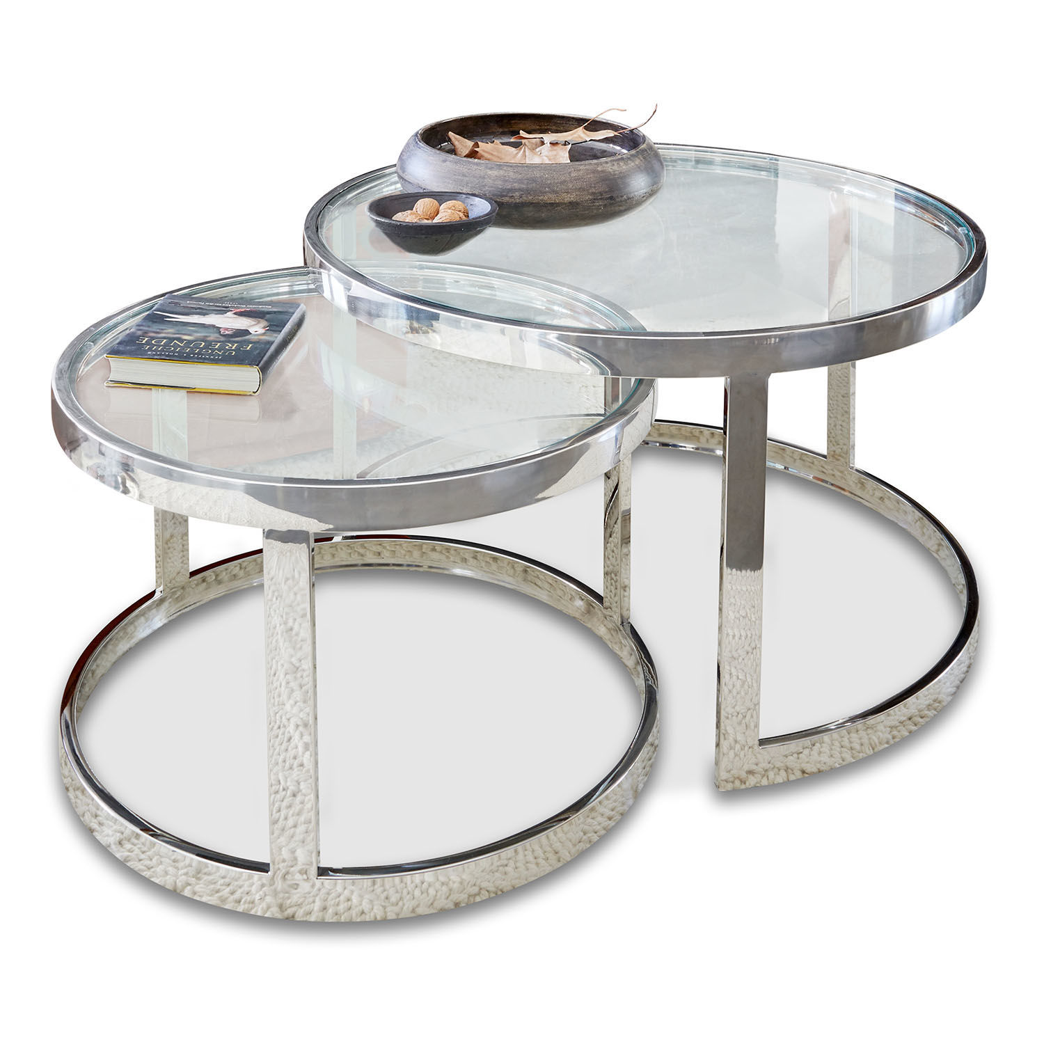 Lot de 2 tables d'appoint Cibran Ensemble de deux tables basses rondes en verre et acier chromé au design moderne