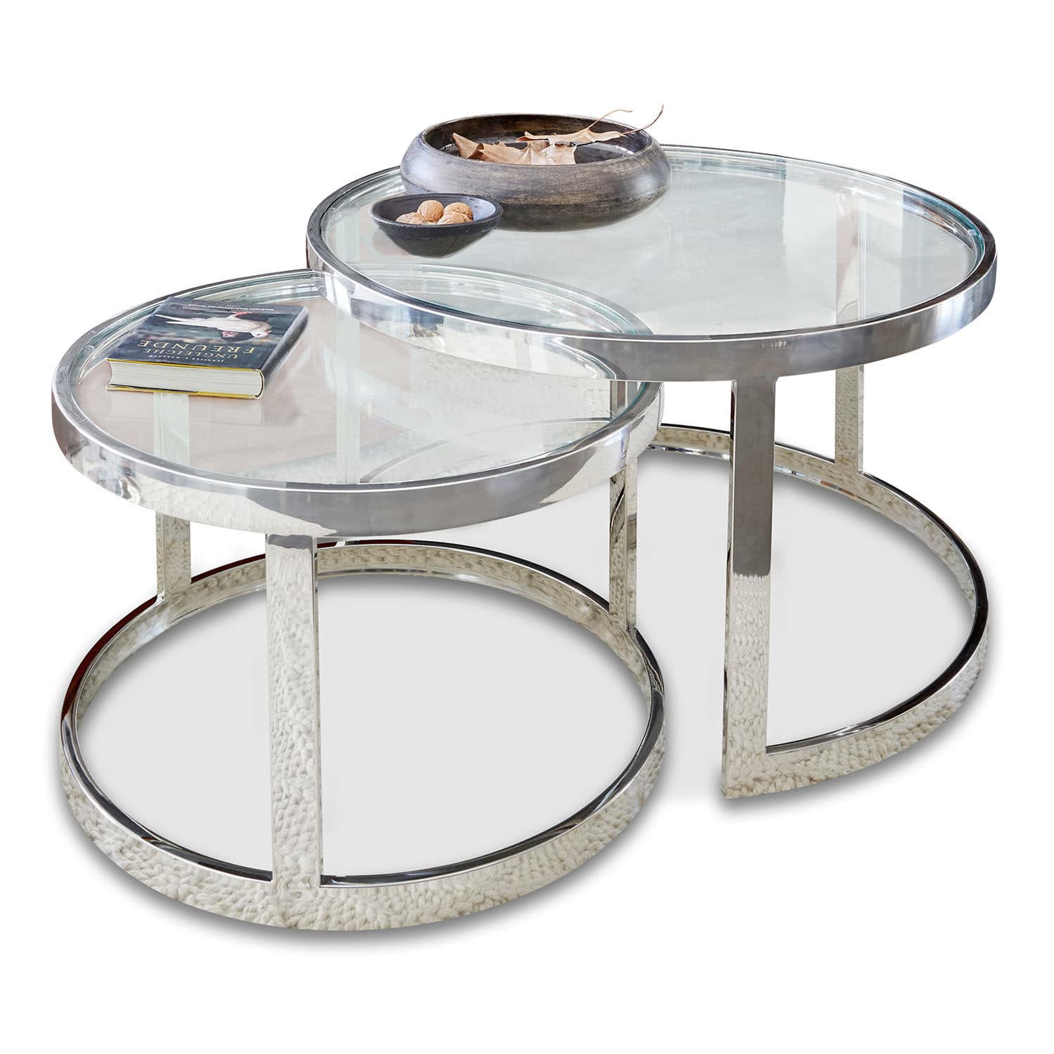 Lot de 2 tables d'appoint Cibran Ensemble de deux tables basses rondes en verre et acier chromé au design moderne
