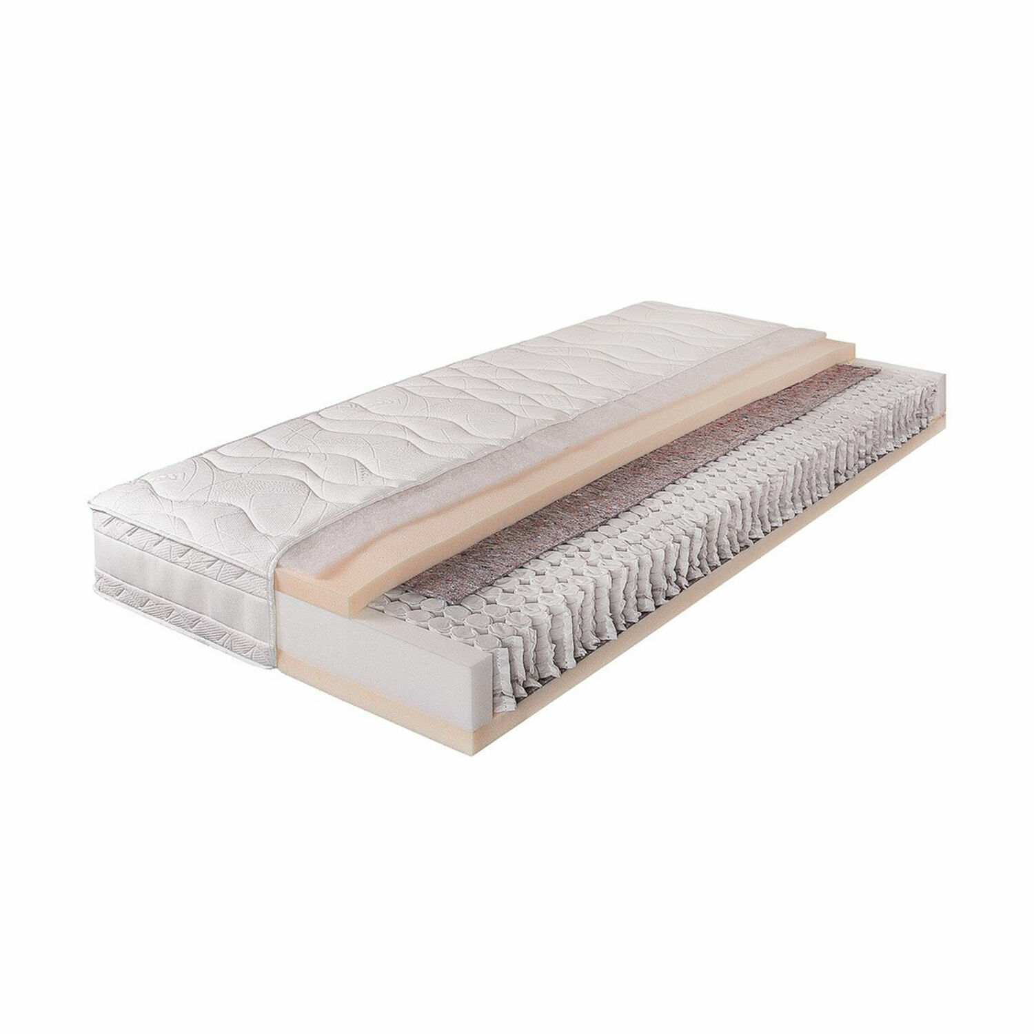 Matelas 90 x 200 Sevilha Coupe transversale d'un matelas à ressorts avec housse blanche et couche de mousse pour un confort optimal