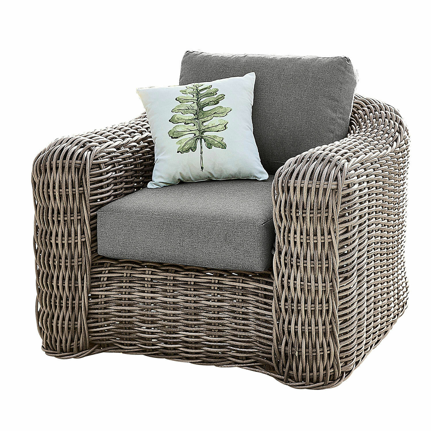 Fauteuil Upminster Fauteuil en rotin tressé gris avec coussin décoratif à motif feuille, mobilier d'extérieur confortable