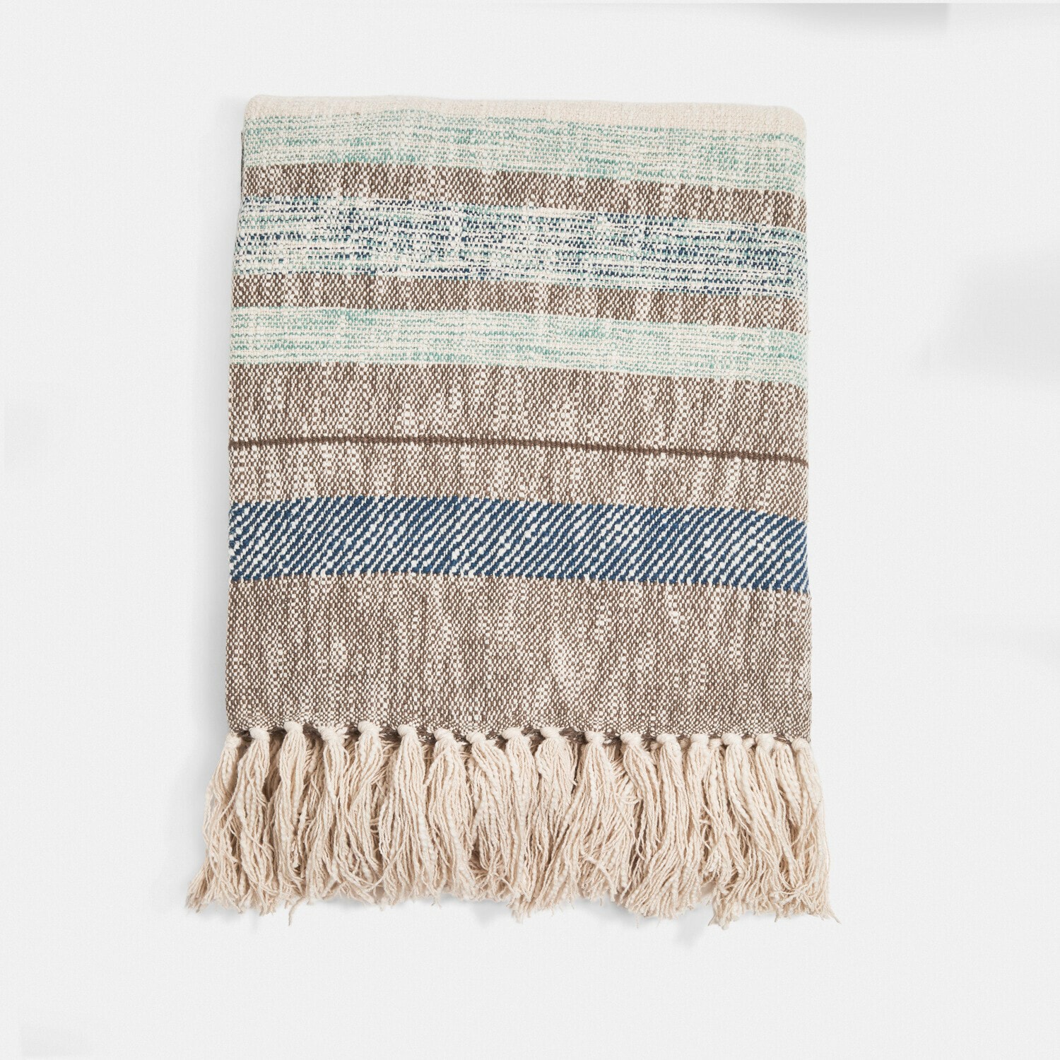 Plaid en coton rayé beige, bleu et vert avec franges, doux et décoratif pour salon ou chambre