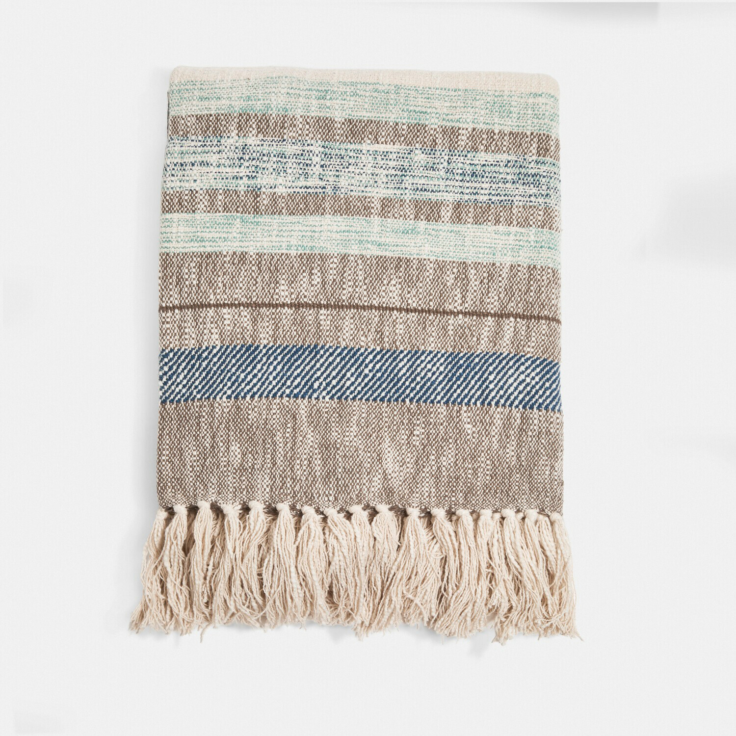 Plaid Maresas Plaid en coton rayé beige, bleu et vert avec franges, doux et décoratif pour salon ou chambre