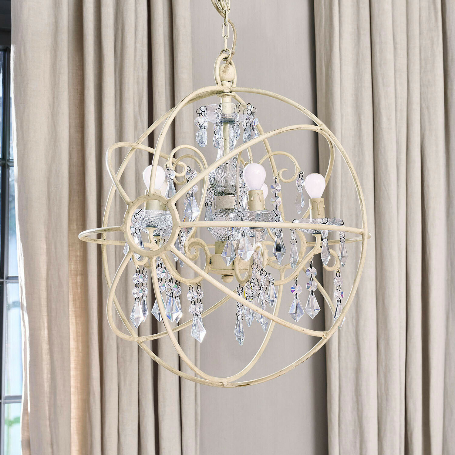 Lustre Élivienne Suspension en métal crème avec ornements en cristal et ampoules, éclairage décoratif intérieur