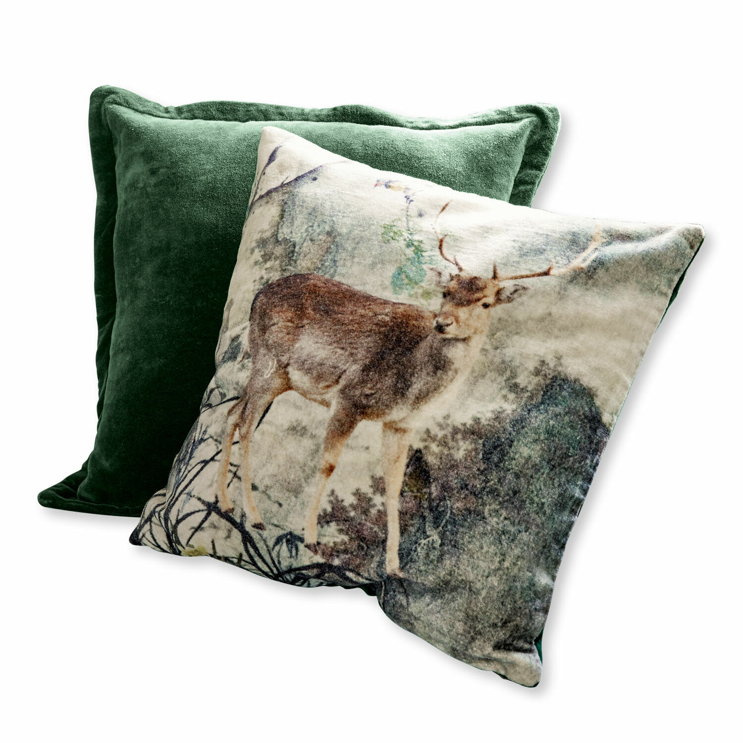 Lot de 2 housses de coussins Anie Ensemble de deux coussins décoratifs, un vert en velours, l'autre avec un motif de cerf naturel