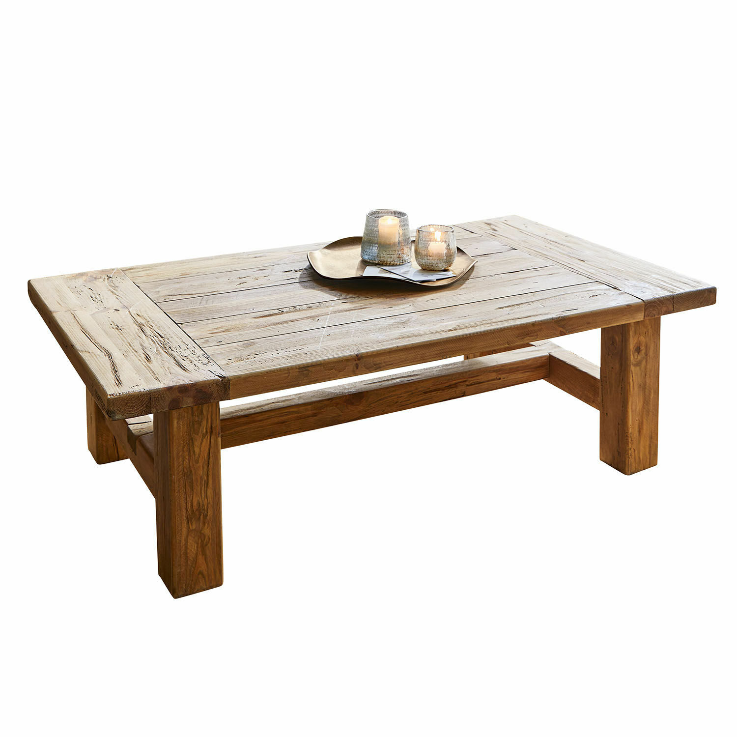 Table basse Oteley Table basse en bois de teck naturel avec plateau décoratif et bougies allumées