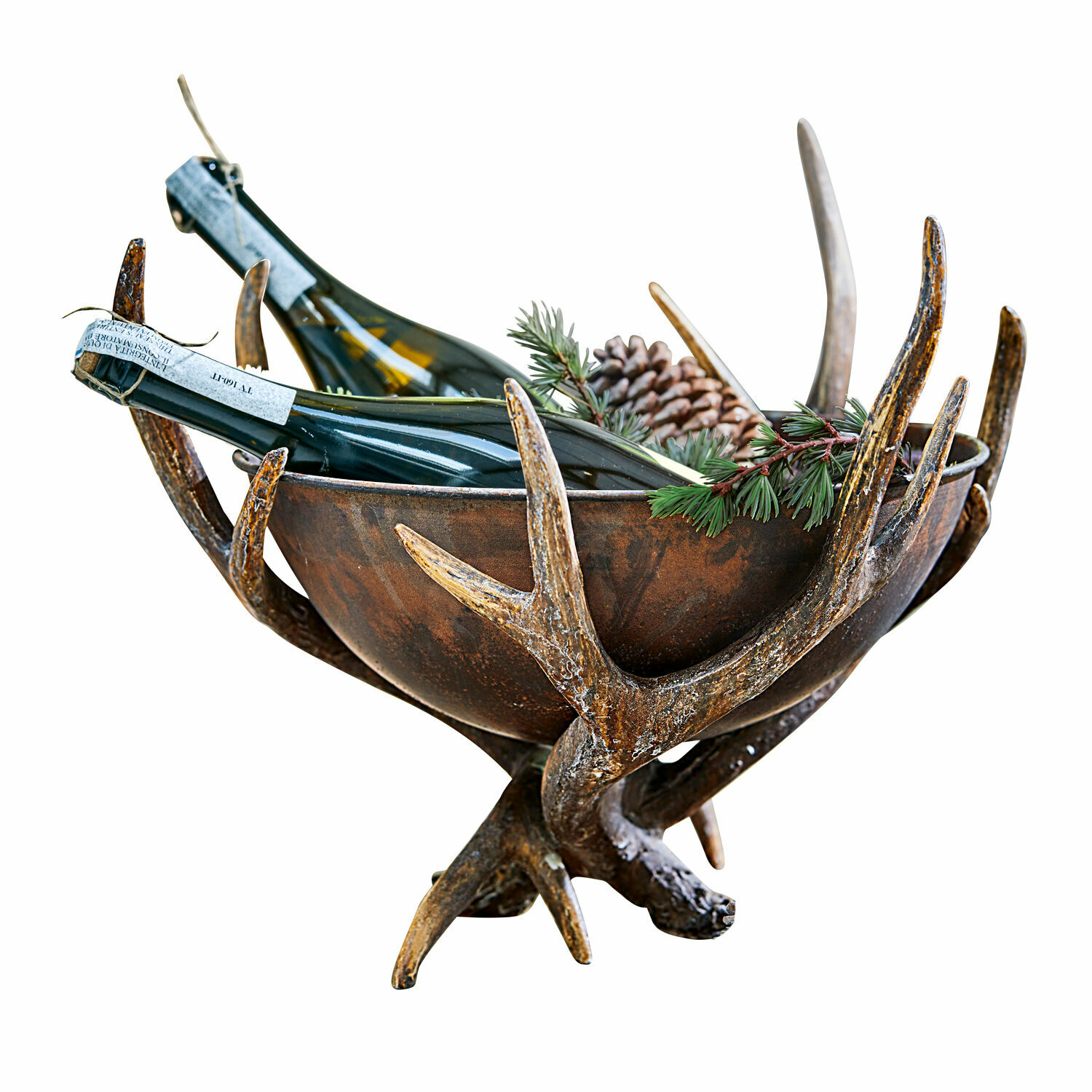 Coupe décorative Morlaix Coupe rustique en métal brun avec décor en bois de cerf, contenant des bouteilles et des pommes de pin