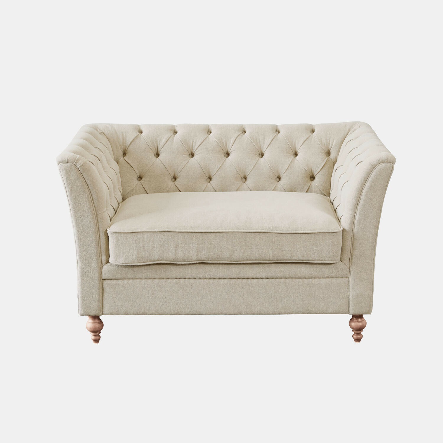 beige Canapé beige en tissu avec dossier capitonné et pieds en bois, meuble élégant pour salon