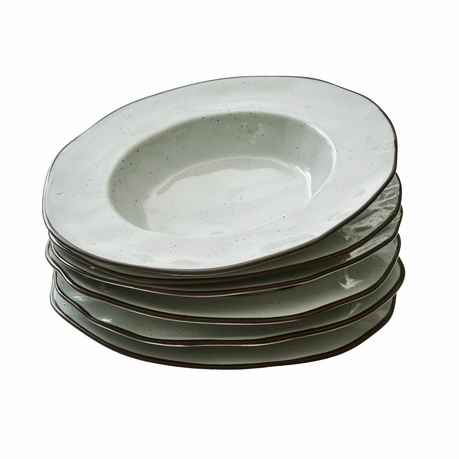 Lot de 6 assiettes creuses Biarré Ensemble de six assiettes creuses en céramique blanche avec taches fines et bord brun