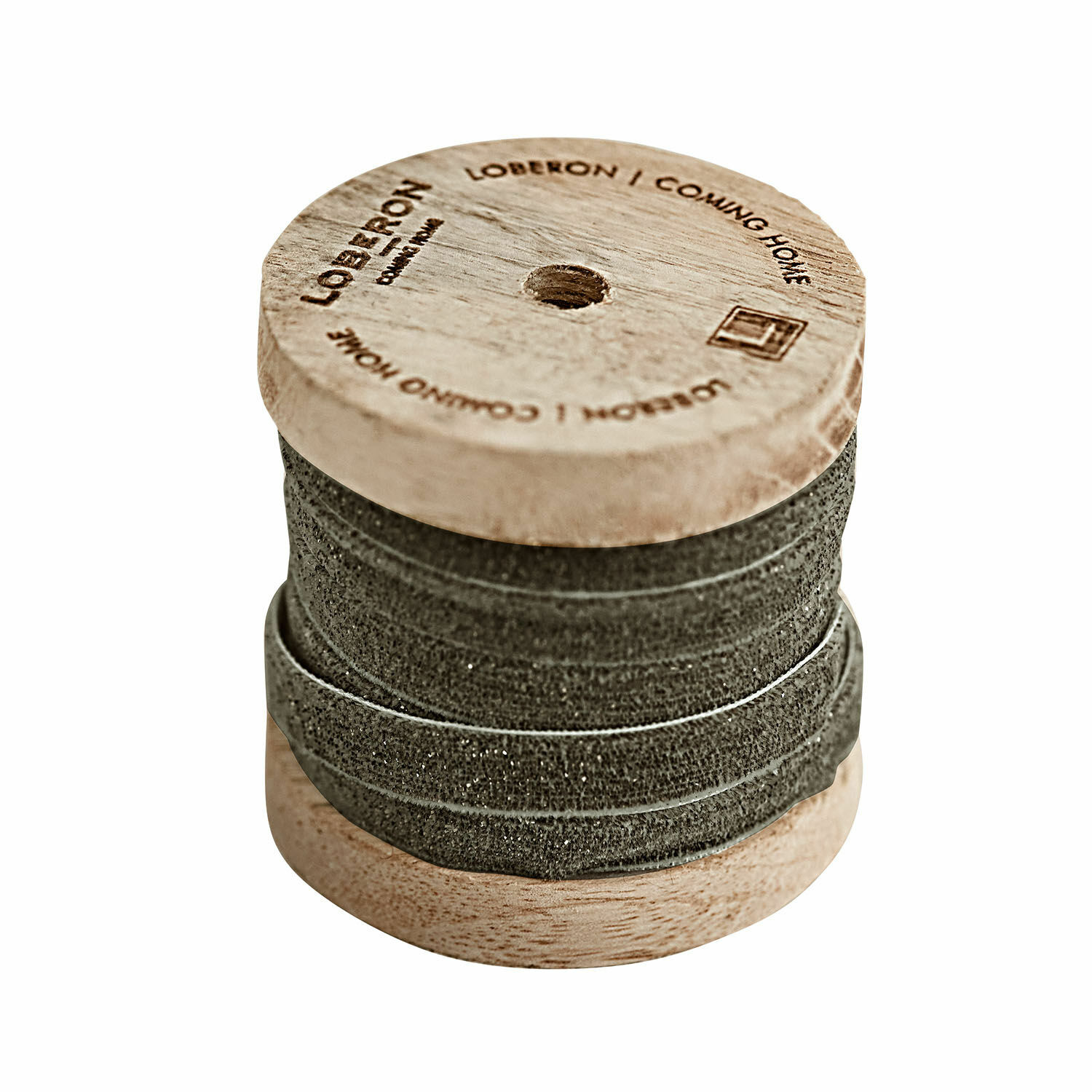 Ruban de velours Ulvane Ruban décoratif gris enroulé sur une bobine en bois avec inscription Loberon, tissu pour décoration